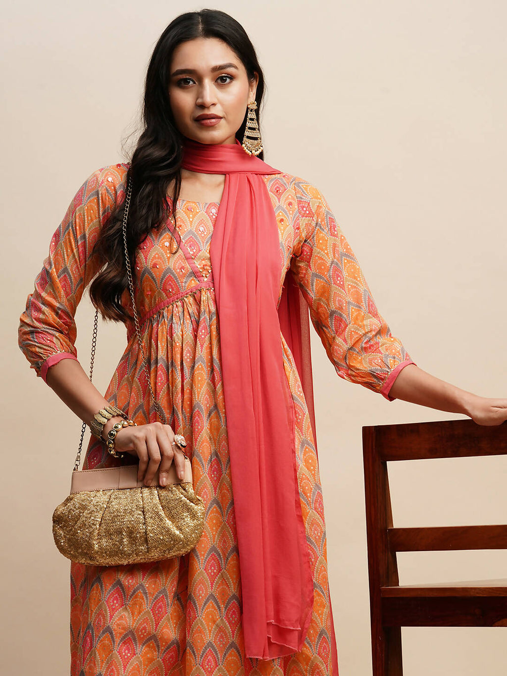 Orange Pure Cotton Bandhani Printed Naira Cut Kurta And Bottom With Dupatta - Akashara