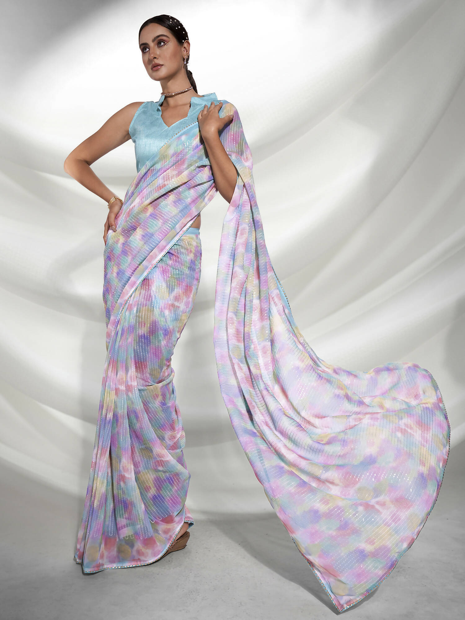 Blue Georgette Sequence Embroidery Saree With Unstitched Blouse Piece - Rajal