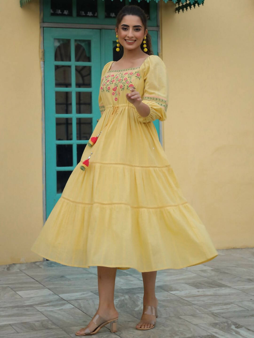 Juniper Women's Yellow Cotton Dobby Embroidered Flared Dress