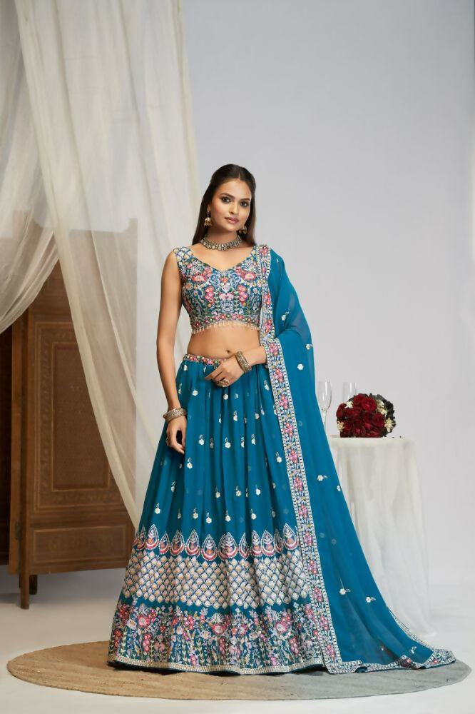 Teal Blue Georgette Thread Sequence Embroidery Work Lehnga Choli - Jihu Culture