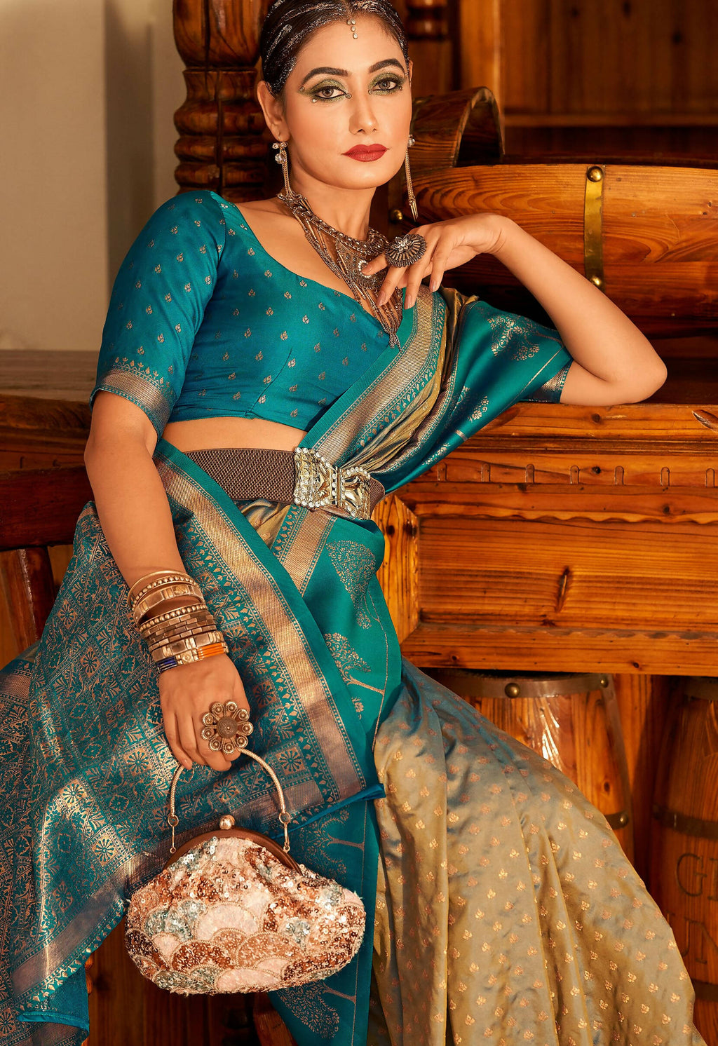 Beige Soft Banarasi Paithani Copper Zari Weaving Saree With Unstitched Blouse Piece - Jodha
