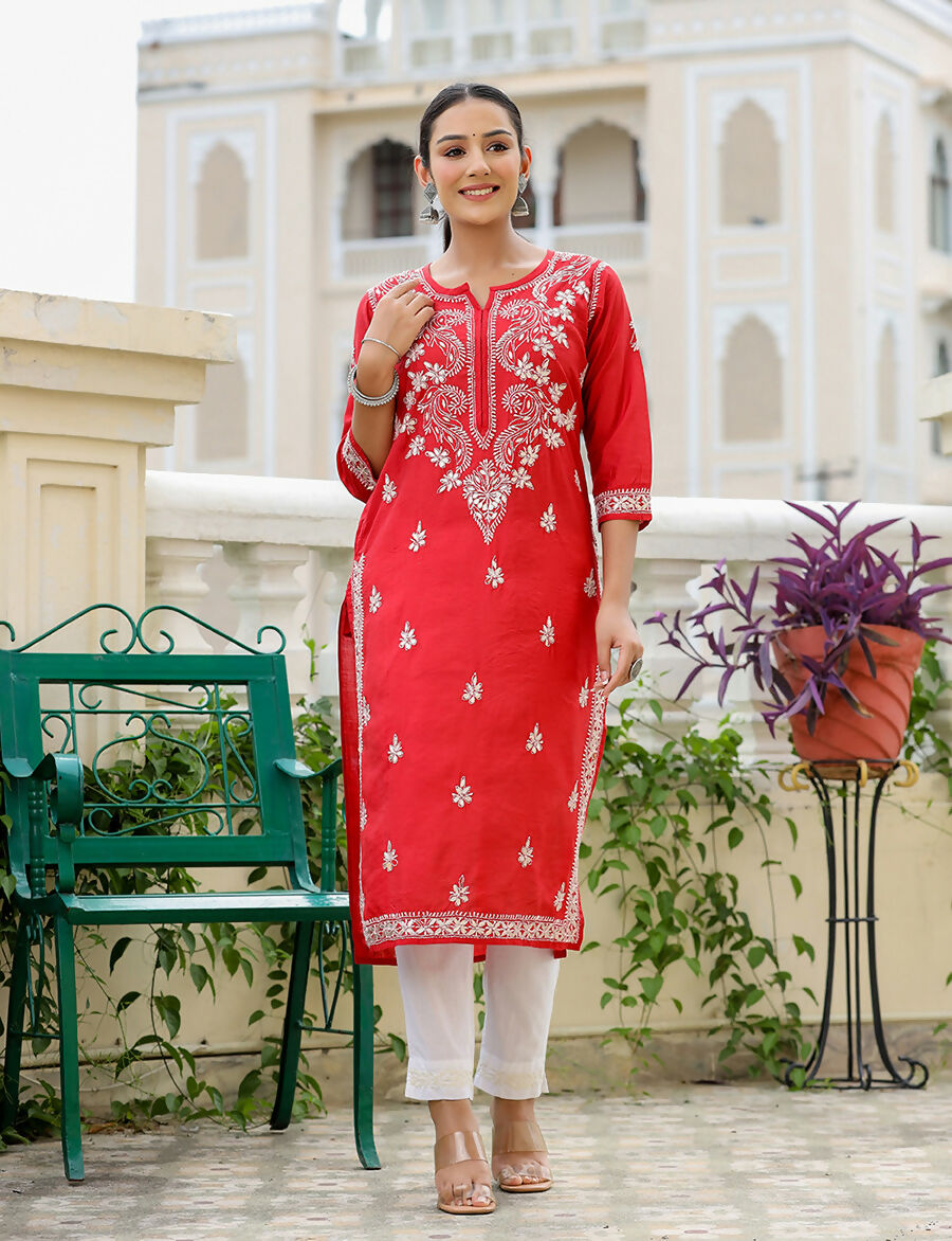 Kaajh Women's Red Chikhankari Embroidered Kurta Pant Set