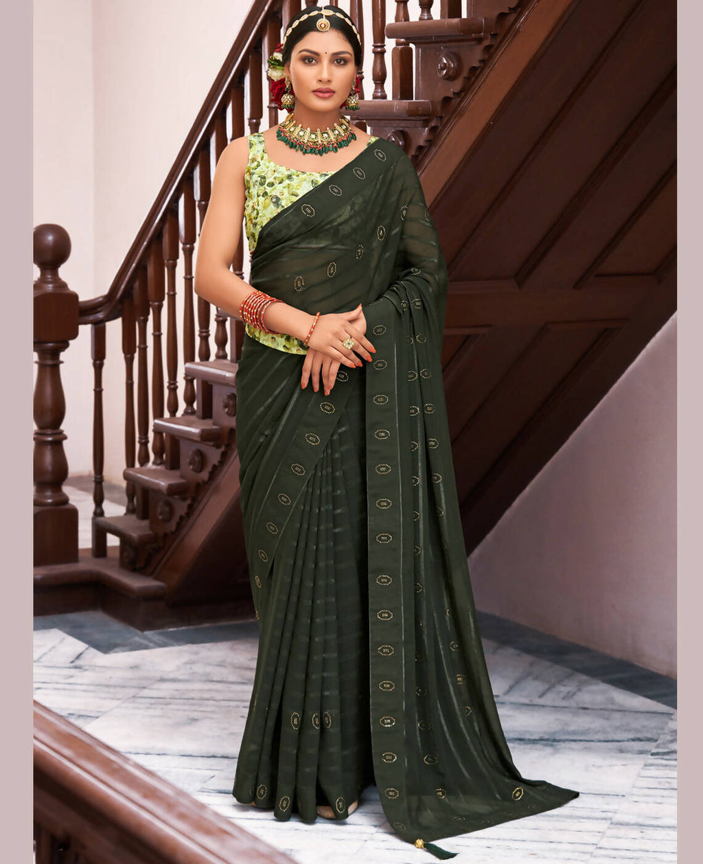 Green Georgette Swaroski Work Saree With Unstitched Blouse Piece - Juhi