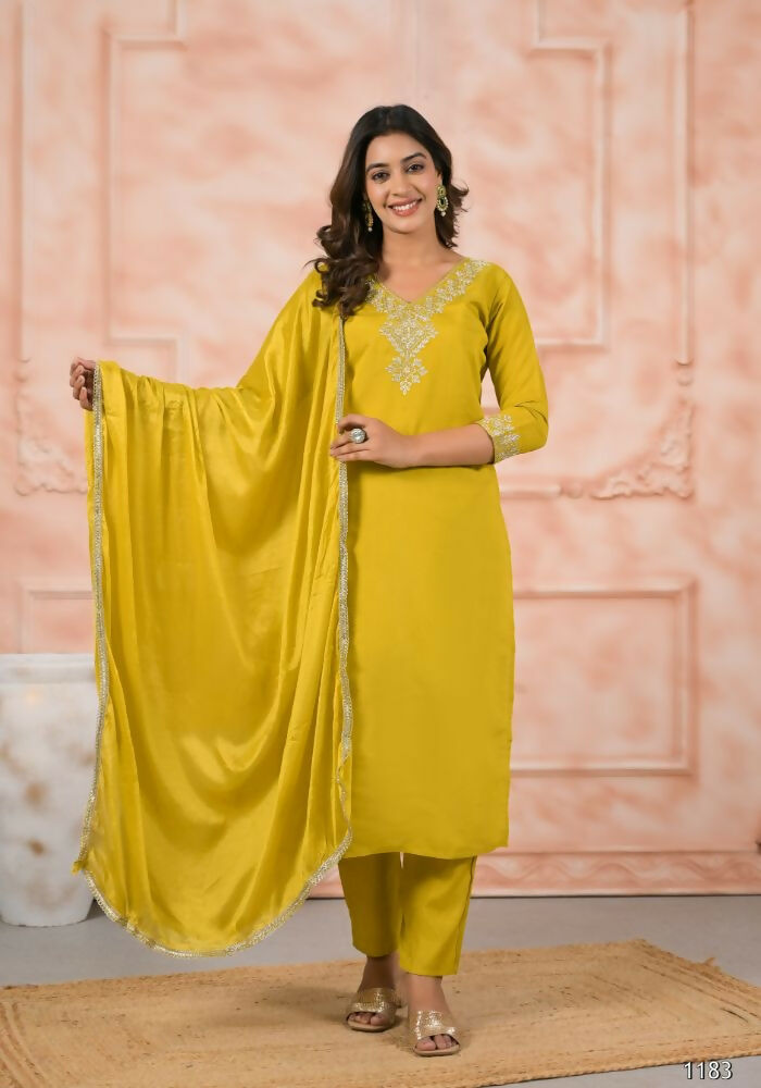Ethnic Festive Wear Chanderi Yellow Stitched Suit With Dupatta - Anbazaar