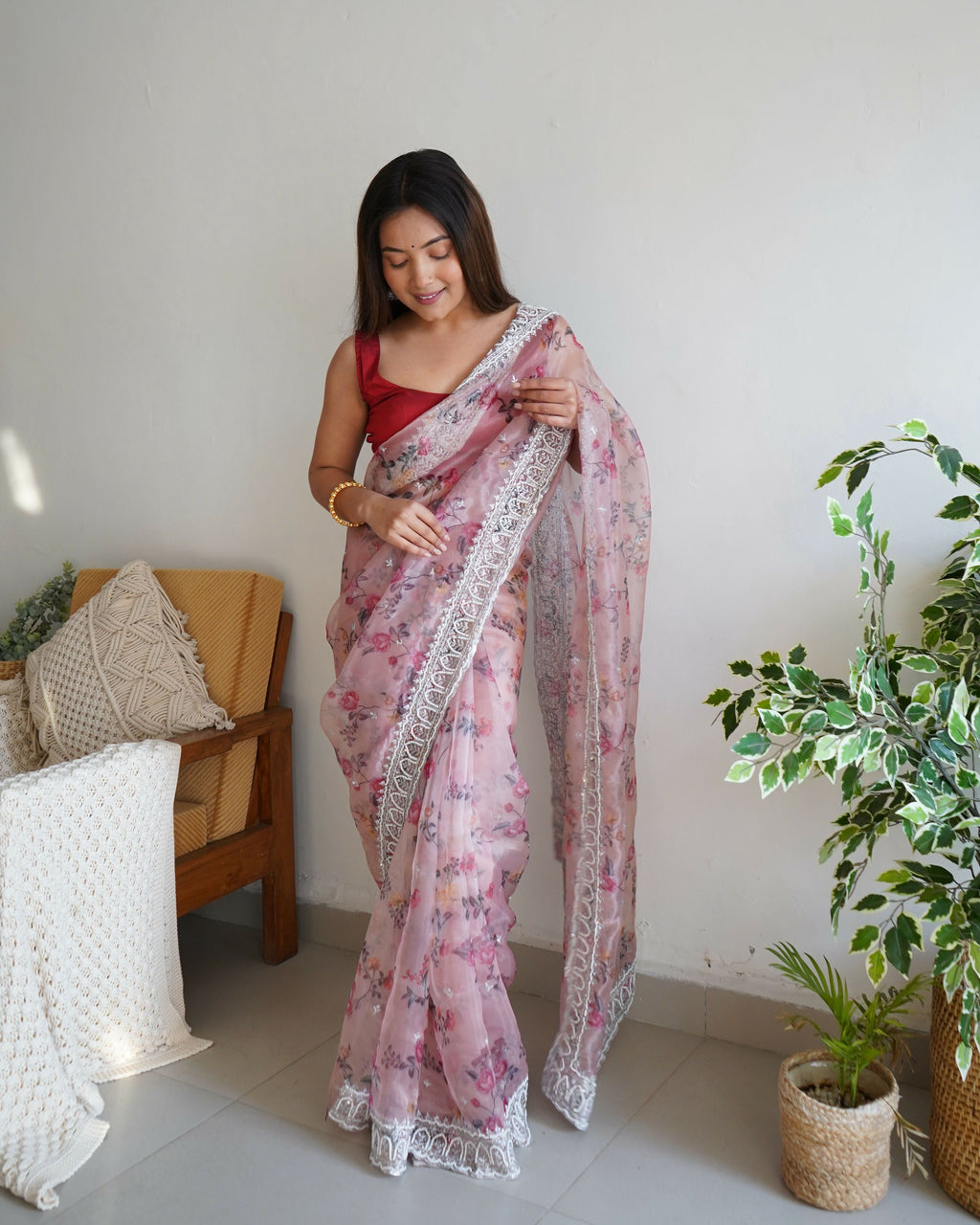 Vamsee Ferry Baby Pink Organza Saree