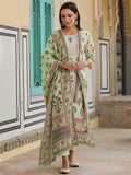 Juniper Women's Lime Green Cambric Floral Placement Printed Straight Fit Kurta Sets