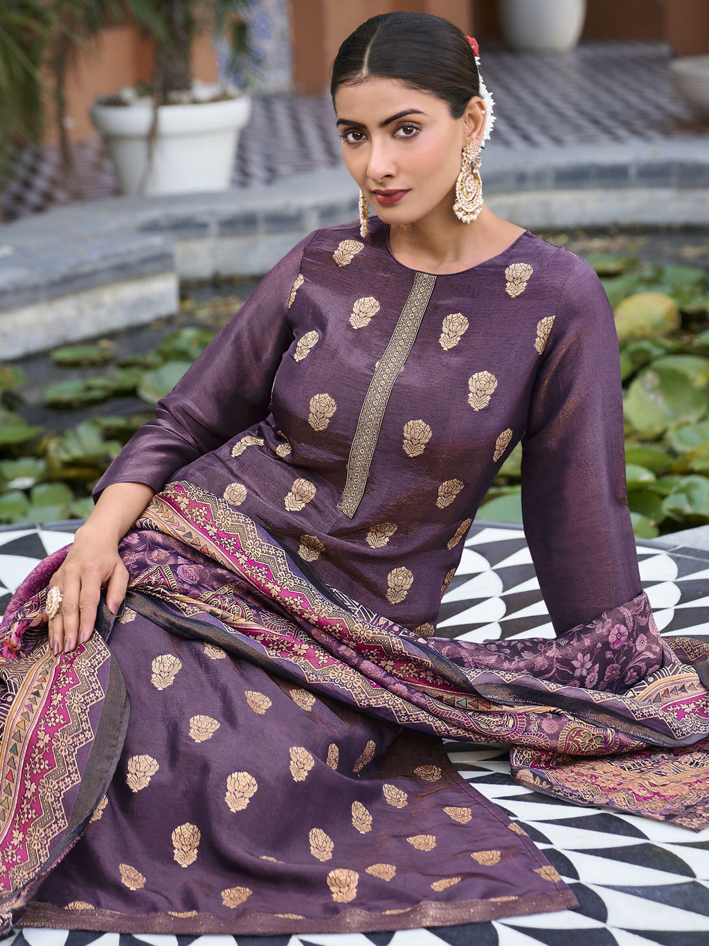 Jyoti Fashion Women's Purple Pure Silk Elegant Jacquard Woven Kurta with Trouser & Dupatta
