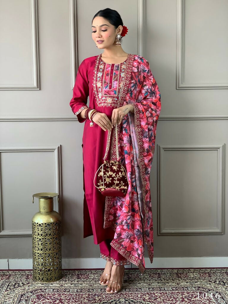 Partywear Designer Viscos Chanderi Maroon Stitched Suit With Dupatta - Tanisha