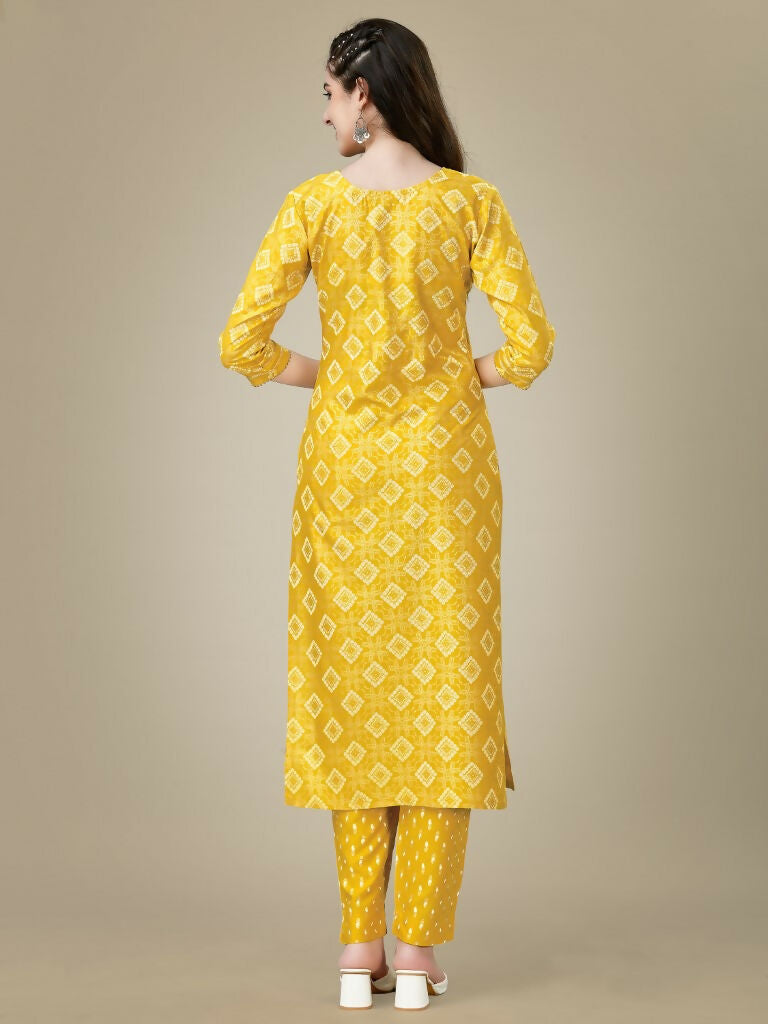 Jyoti Fashion Women's Yellow Rayon Embroidered Kurta Pant Set