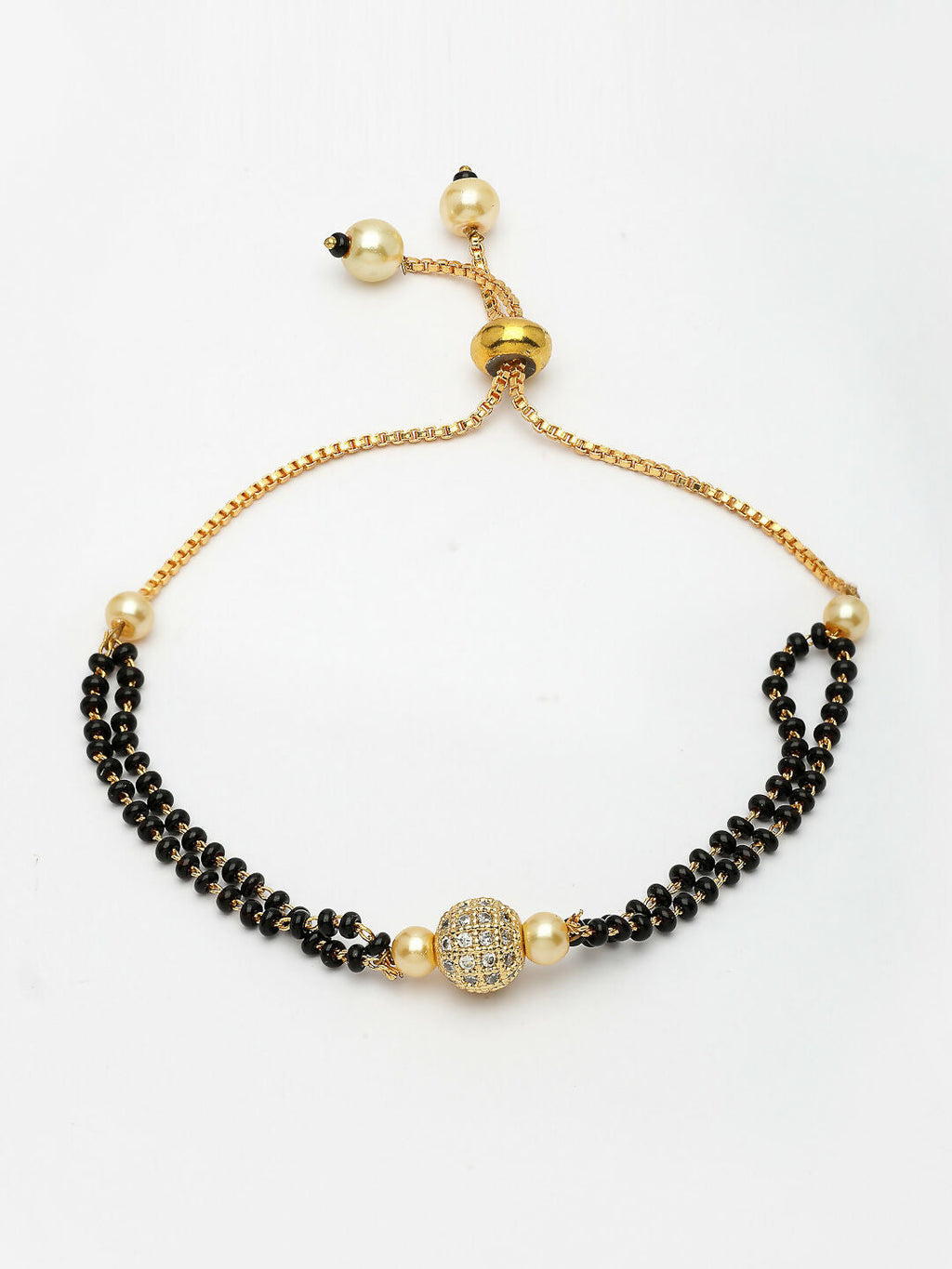 NVR Women Gold-Polished & Black Brass AD-Studded Hand Mangalsutra Bracelet