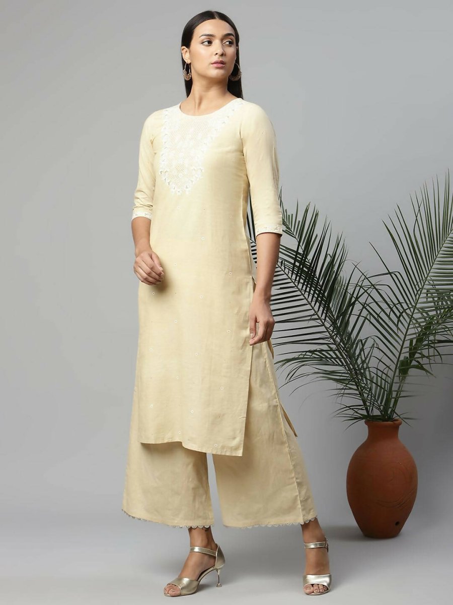 Ahalyaa Womens Chiku Pure Cotton Printed Kurta Palazzo Set
