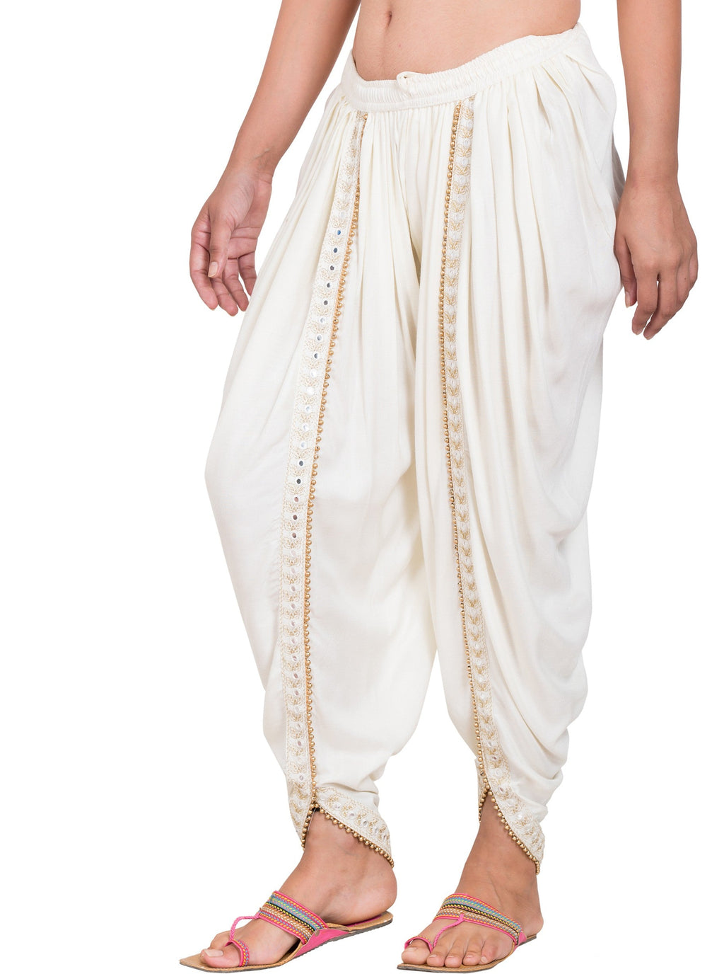 PAVONINE Off-White Color Embellished Beetel Rayon Fabric Patiala For Women & Girls