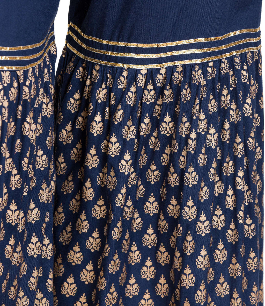 PAVONINE Navy Blue Color 3-Panels Sequence Printed Flared Sharara For Women & Girls