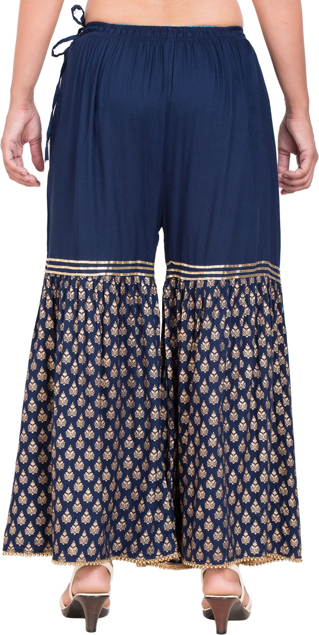 PAVONINE Navy Blue Color 3-Panels Sequence Printed Flared Sharara For Women & Girls