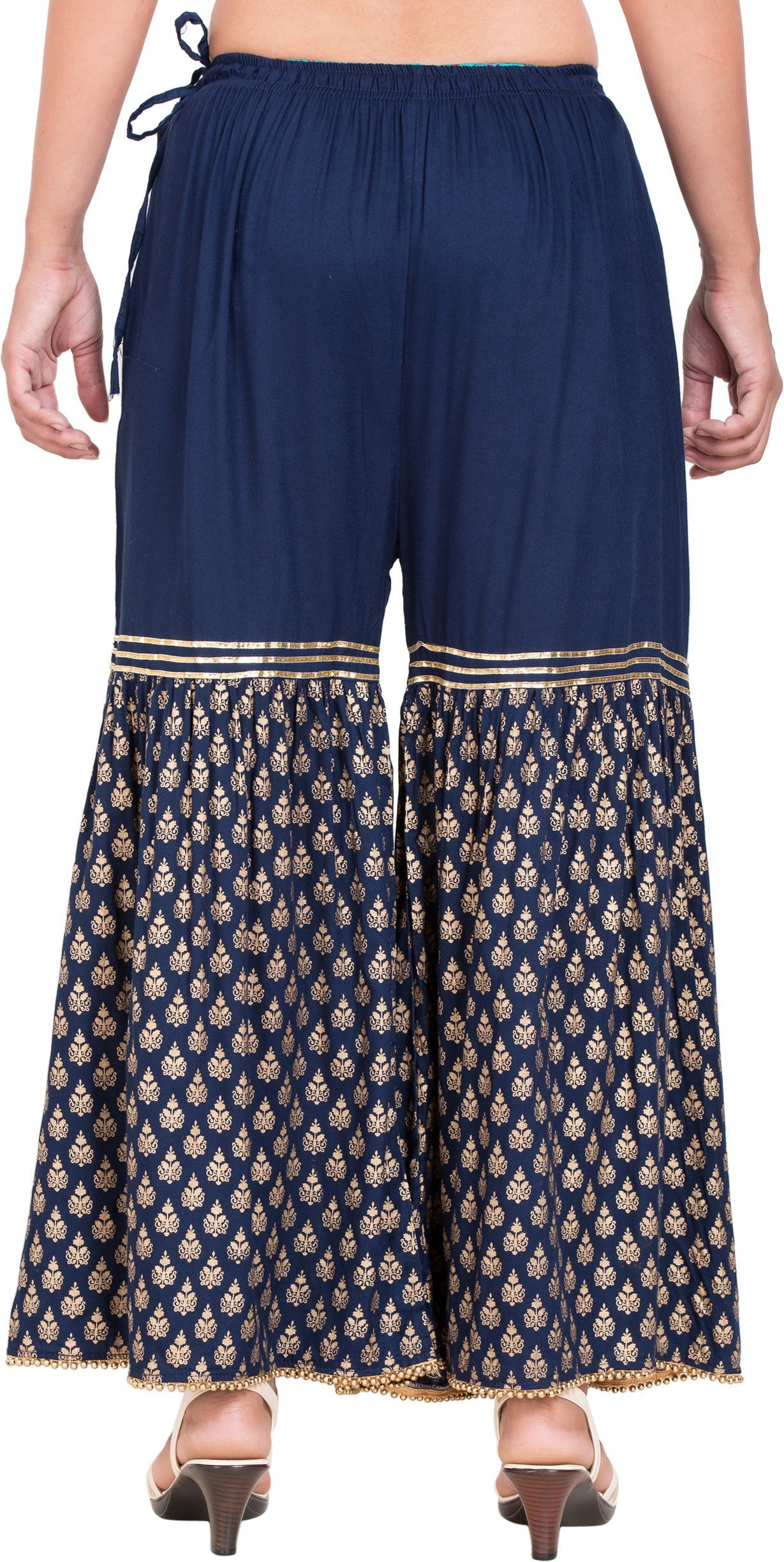 PAVONINE Navy Blue Color 3-Panels Sequence Printed Flared Sharara For Women & Girls