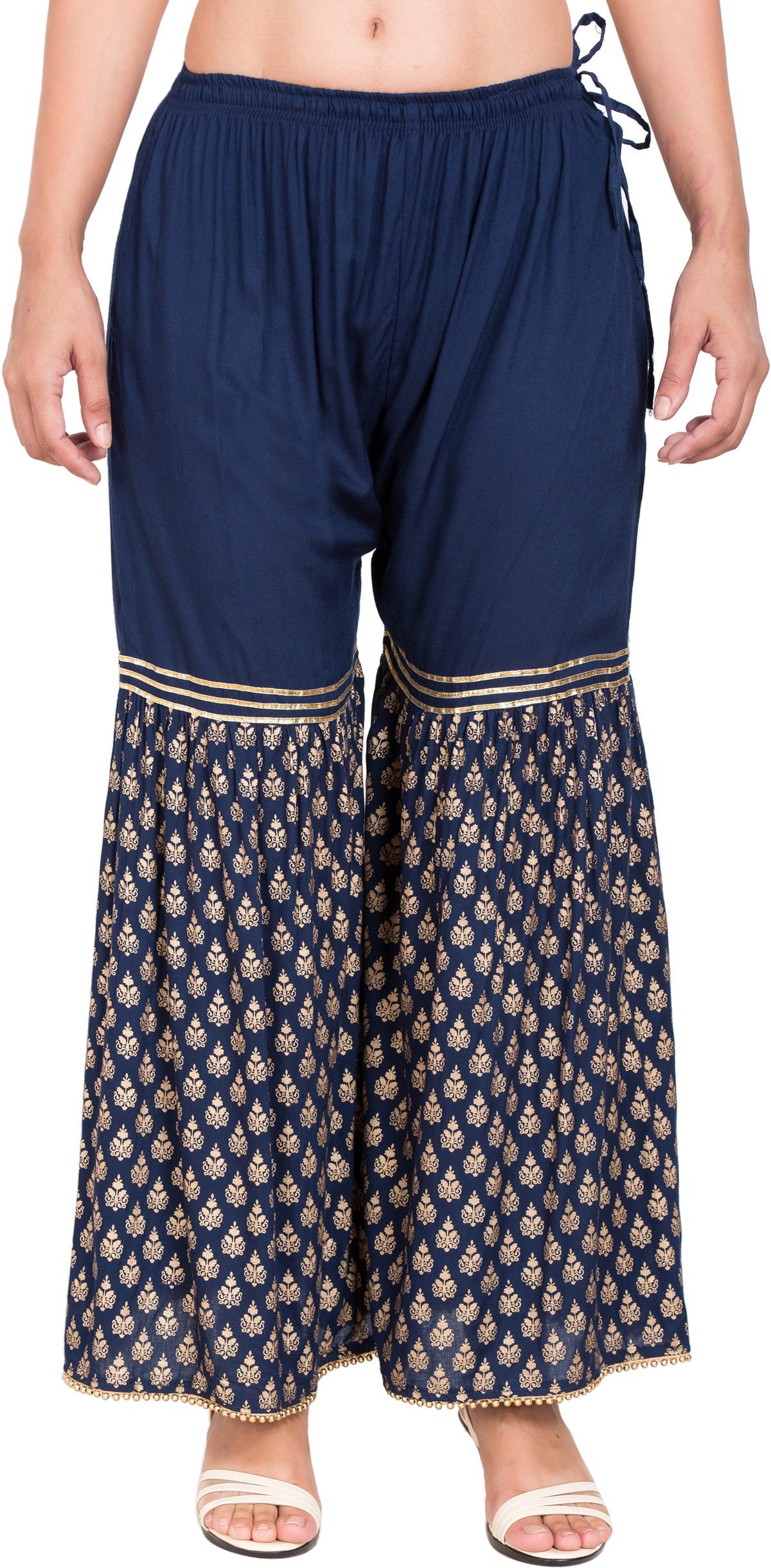 PAVONINE Navy Blue Color 3-Panels Sequence Printed Flared Sharara For Women & Girls