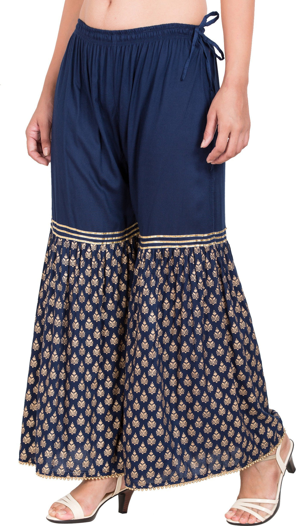 PAVONINE Navy Blue Color 3-Panels Sequence Printed Flared Sharara For Women & Girls