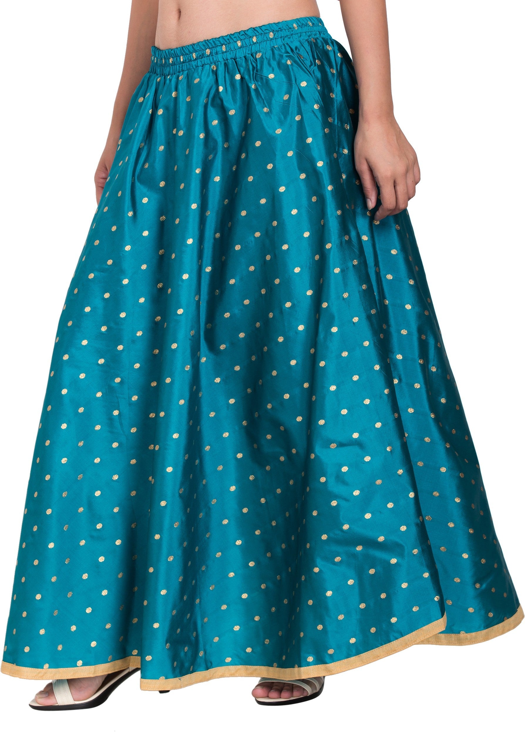 PAVONINE Firozi Color Golden Zari Work Satan Fabric Maxi Skirt For Women