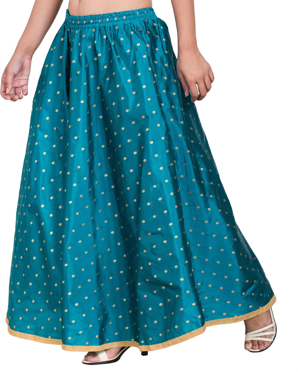 PAVONINE Firozi Color Golden Zari Work Satan Fabric Maxi Skirt For Women