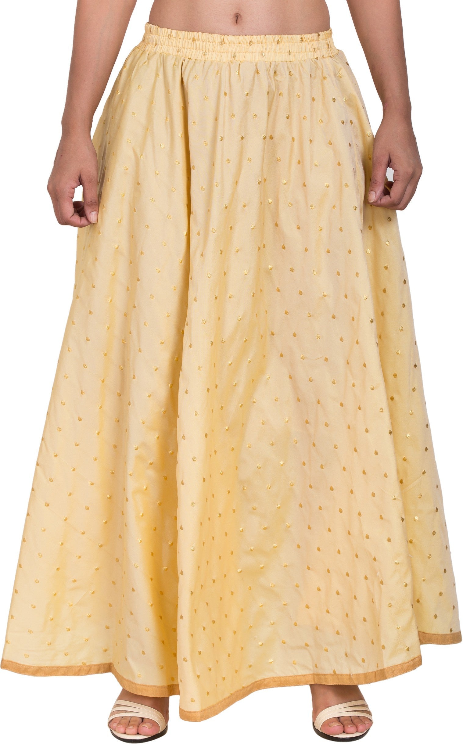 PAVONINE Beige Color Golden Zari Work Satan Fabric Maxi Skirt For Women