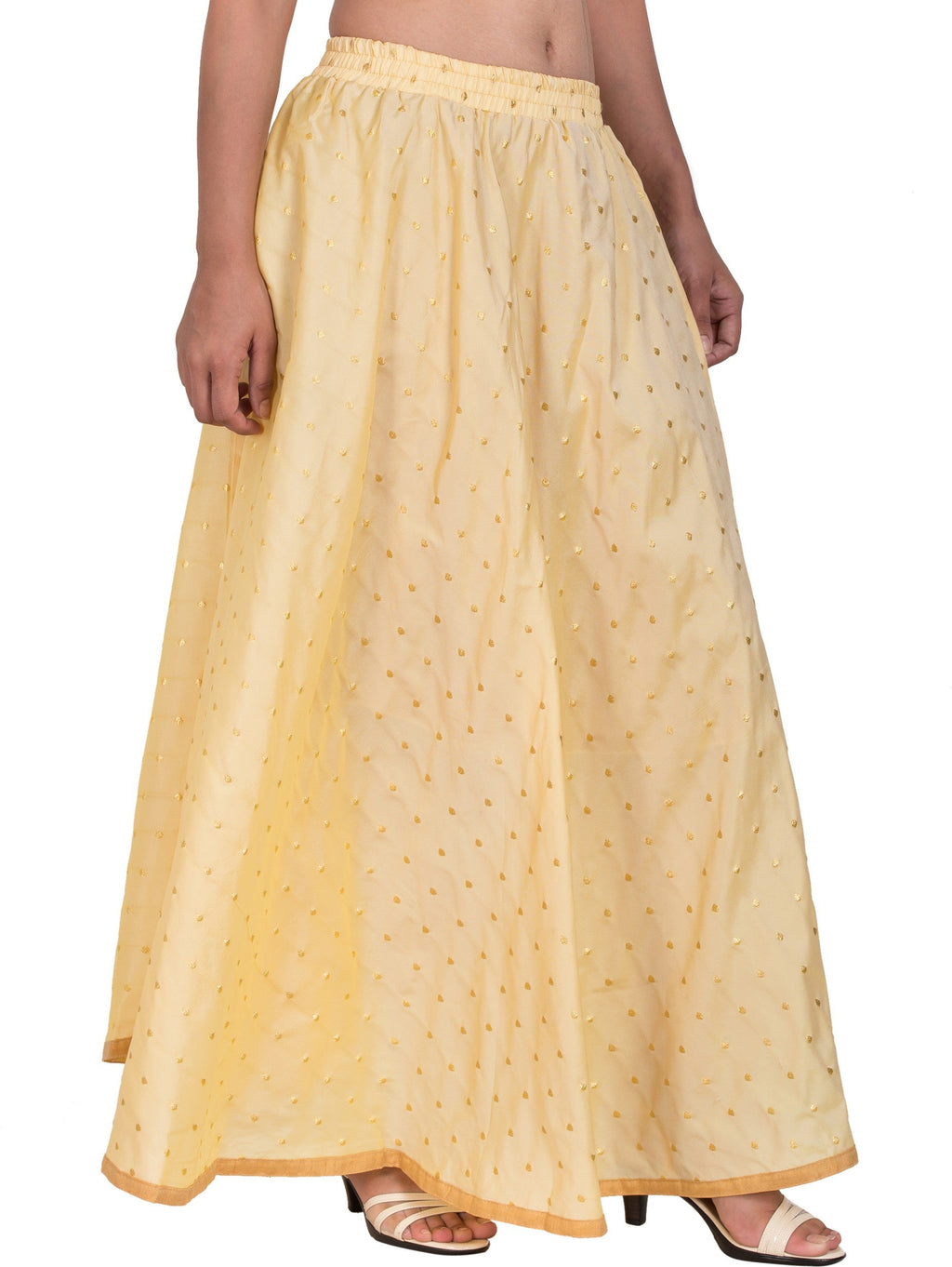 PAVONINE Beige Color Golden Zari Work Satan Fabric Maxi Skirt For Women