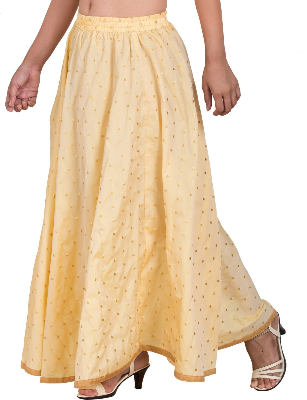 PAVONINE Beige Color Golden Zari Work Satan Fabric Maxi Skirt For Women