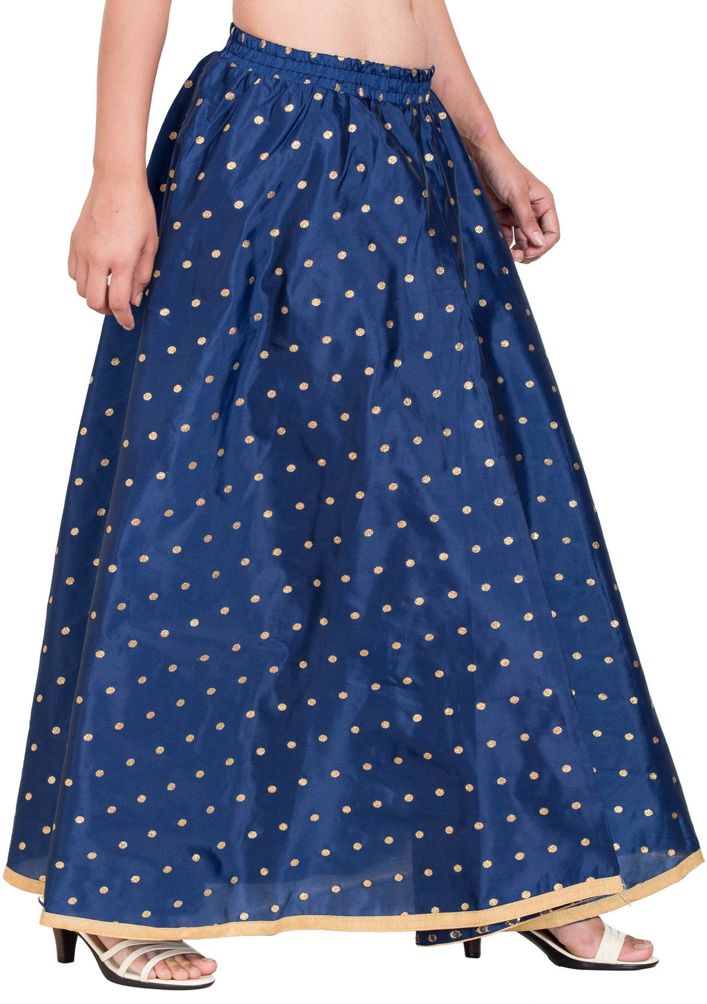PAVONINE Navy Blue Color Golden Zari Work Satan Fabric Maxi Skirt For Women