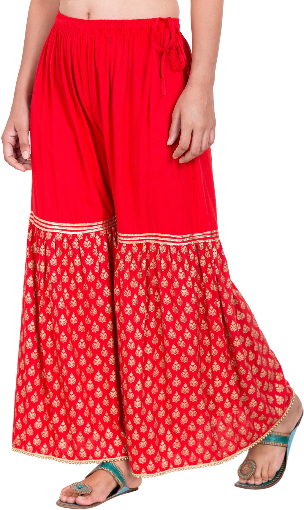 PAVONINE Red Color 3-Panels Sequence Printed Flared Sharara For Women & Girls