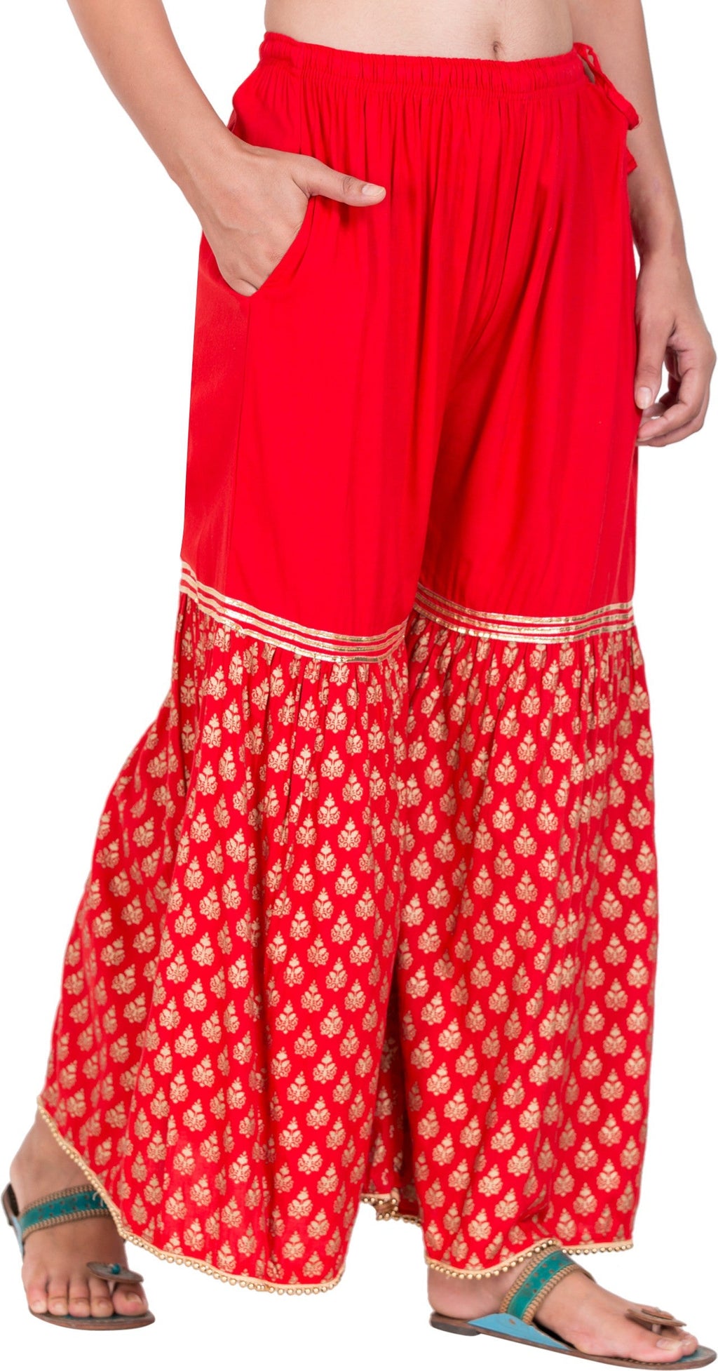 PAVONINE Red Color 3-Panels Sequence Printed Flared Sharara For Women & Girls