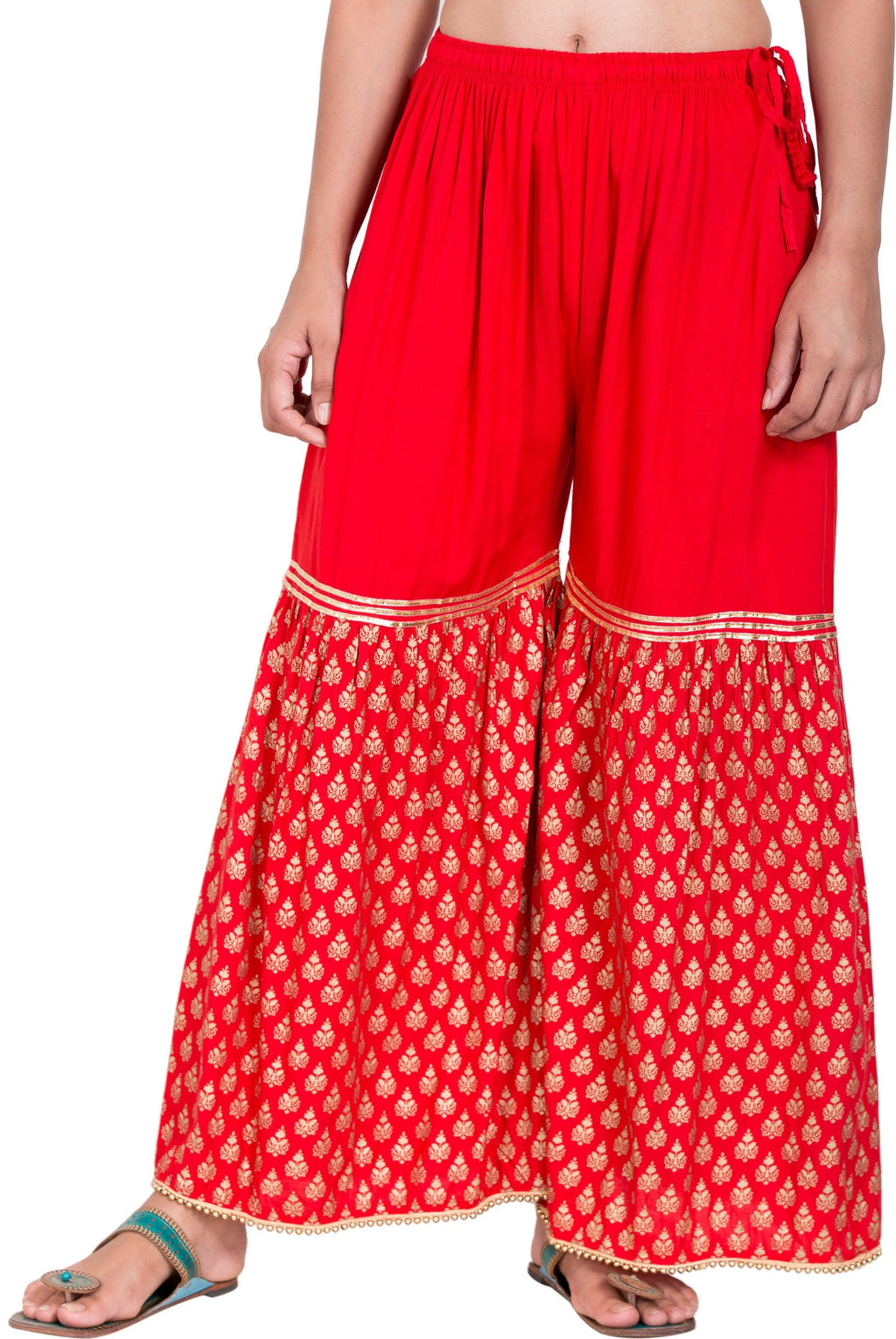 PAVONINE Red Color 3-Panels Sequence Printed Flared Sharara For Women & Girls