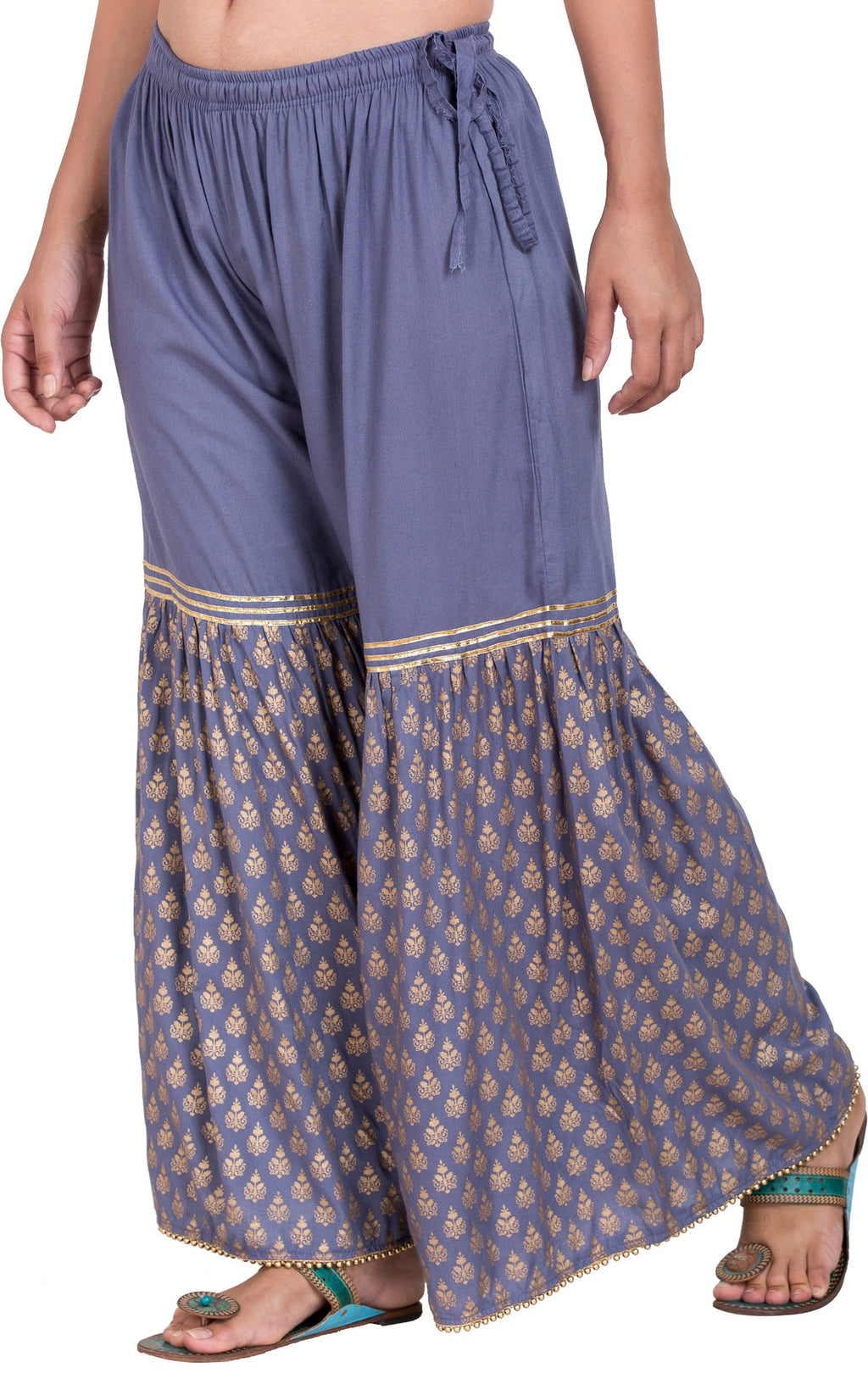 PAVONINE Grey Color 3-Panels Sequence Printed Flared Sharara For Women & Girls