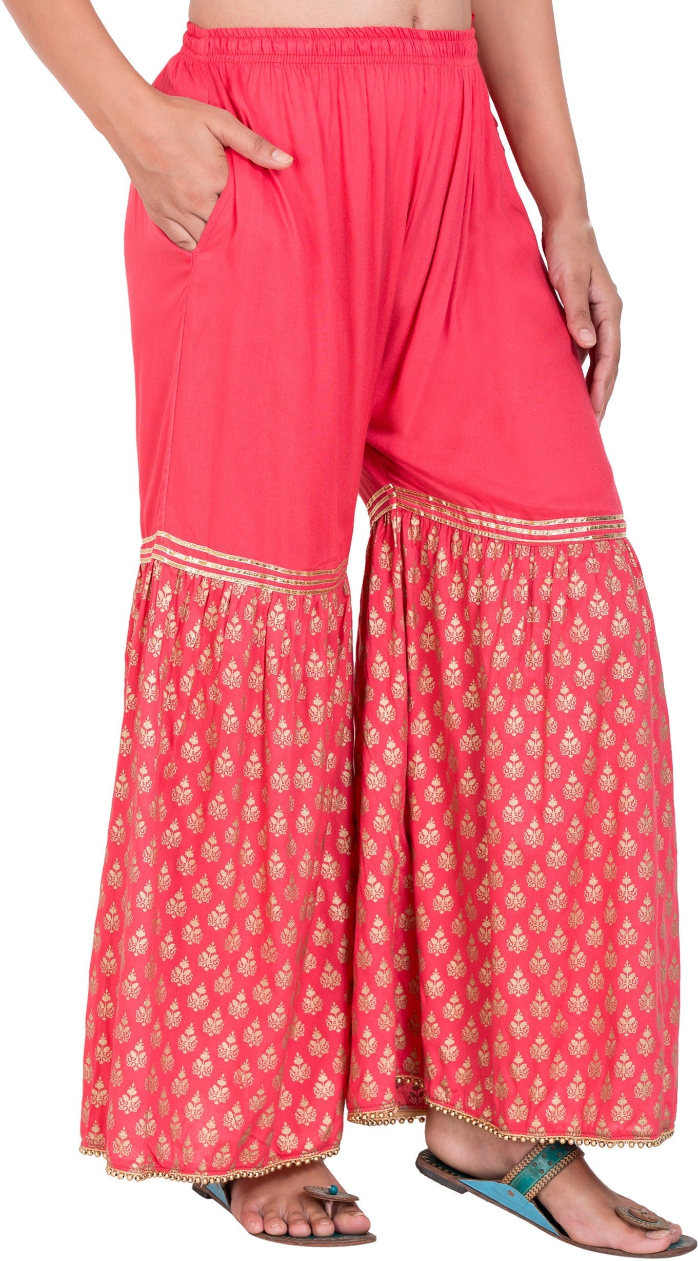 PAVONINE Gajri Color 3-Panels Sequence Printed Flared Sharara For Women & Girls