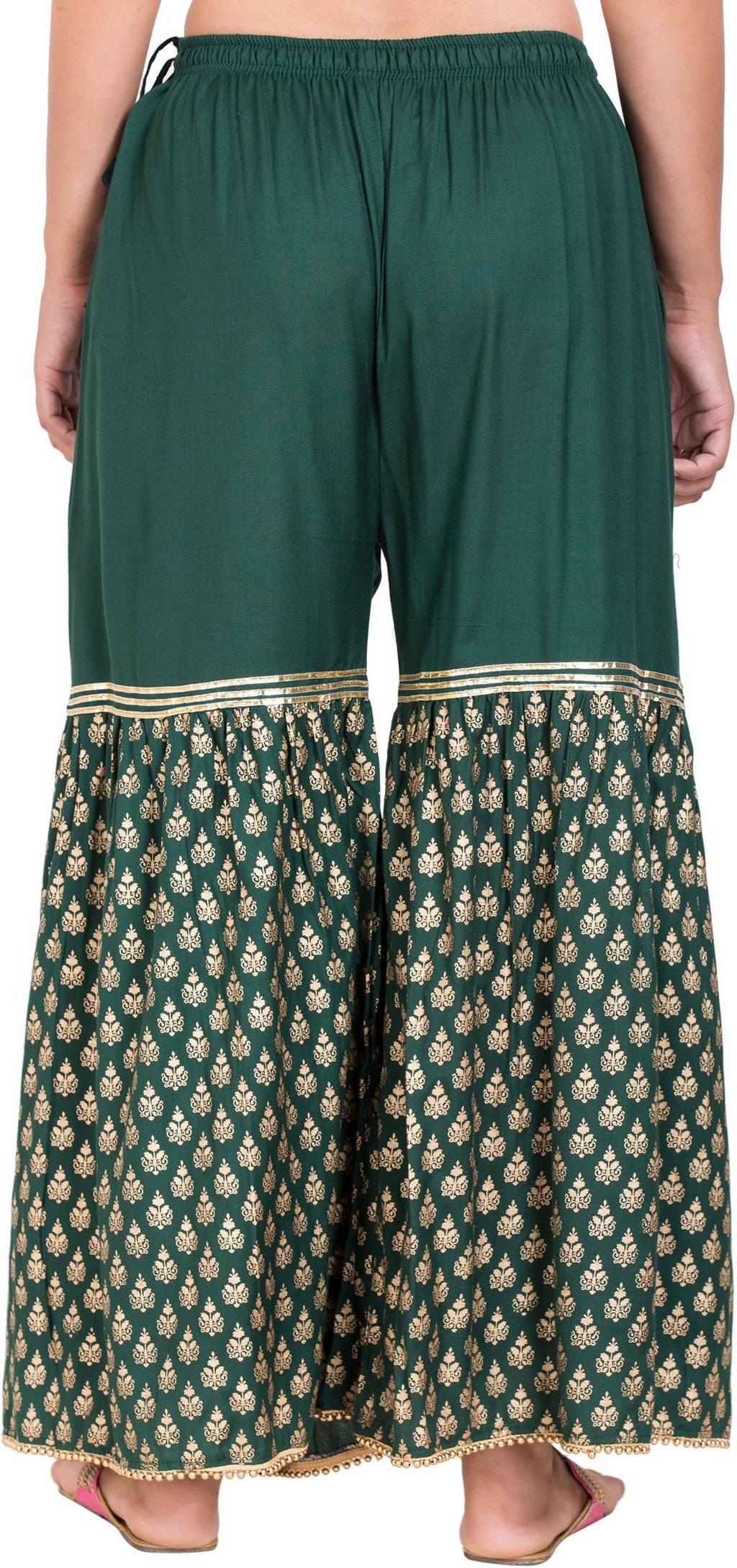 PAVONINE Bottle Green Color 3-Panels Sequence Printed Flared Sharara For Women & Girls