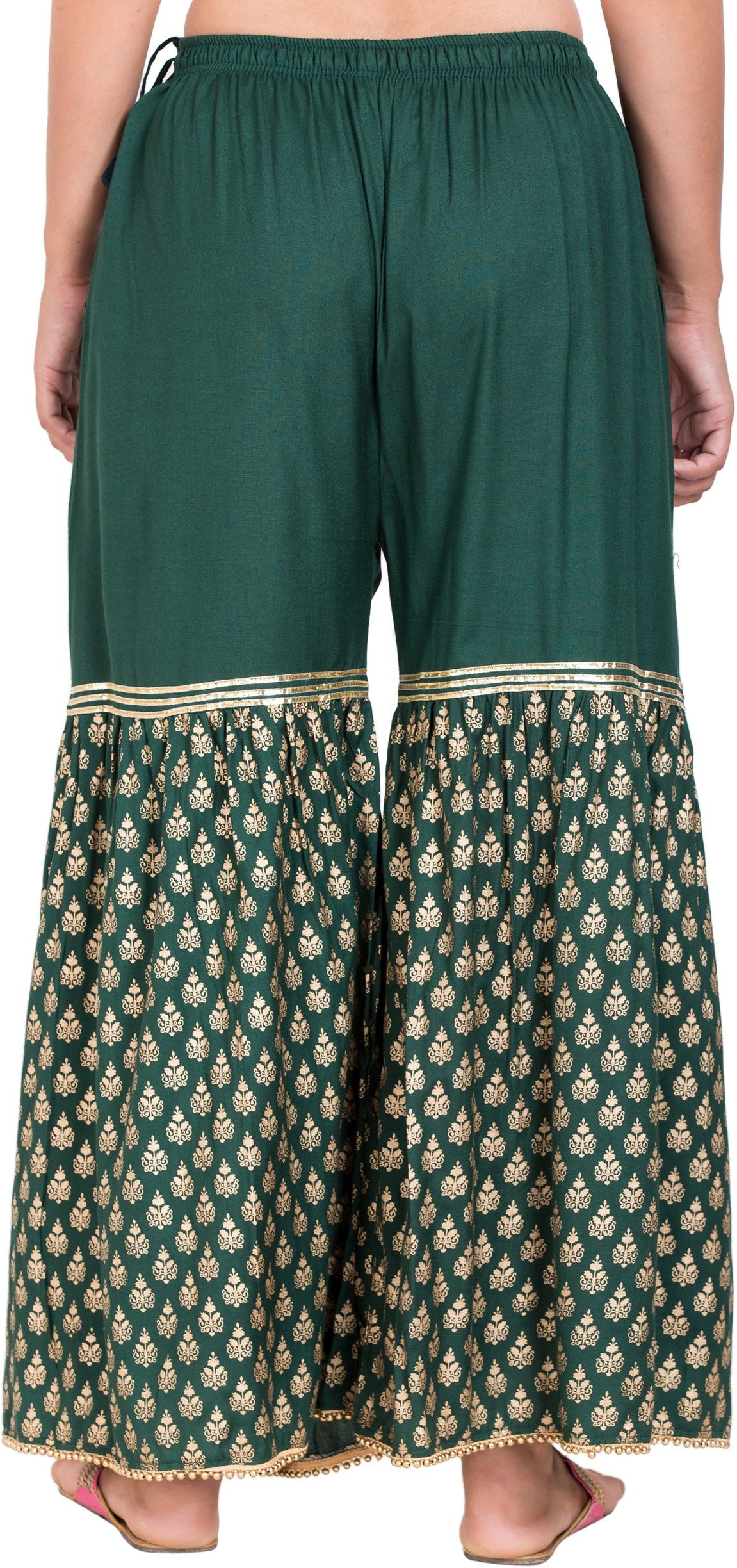 PAVONINE Bottle Green Color 3-Panels Sequence Printed Flared Sharara For Women & Girls