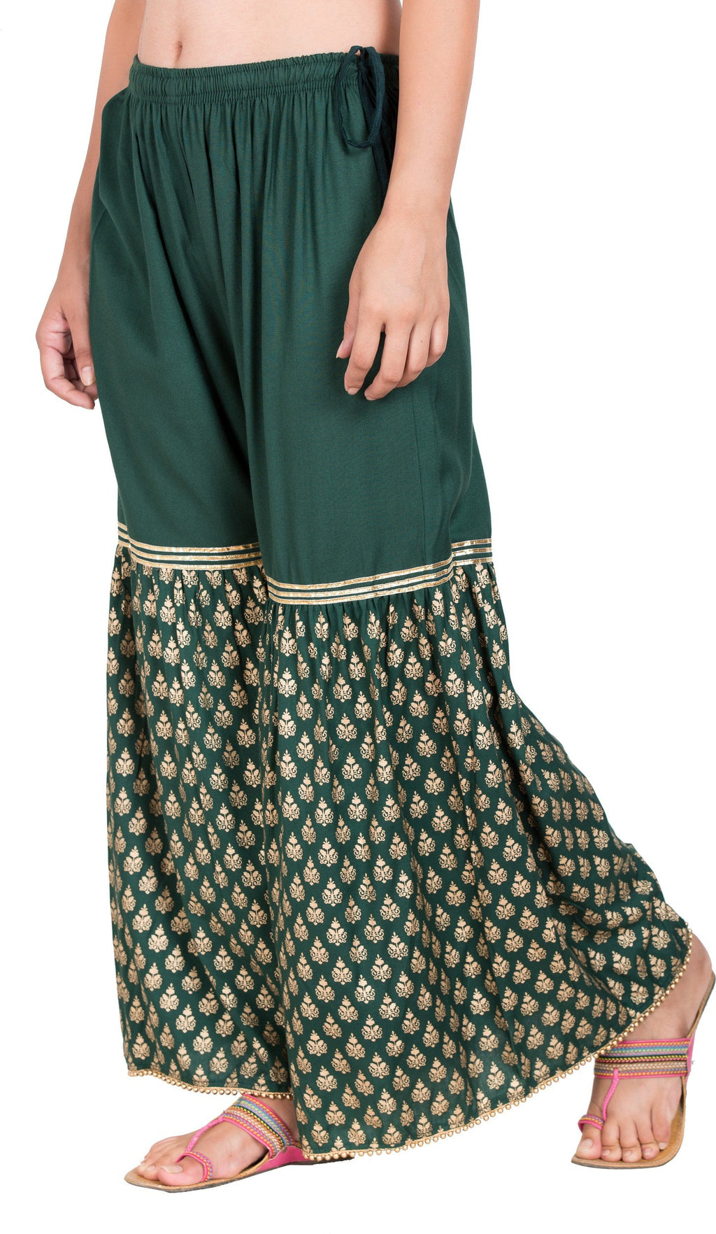 PAVONINE Bottle Green Color 3-Panels Sequence Printed Flared Sharara For Women & Girls