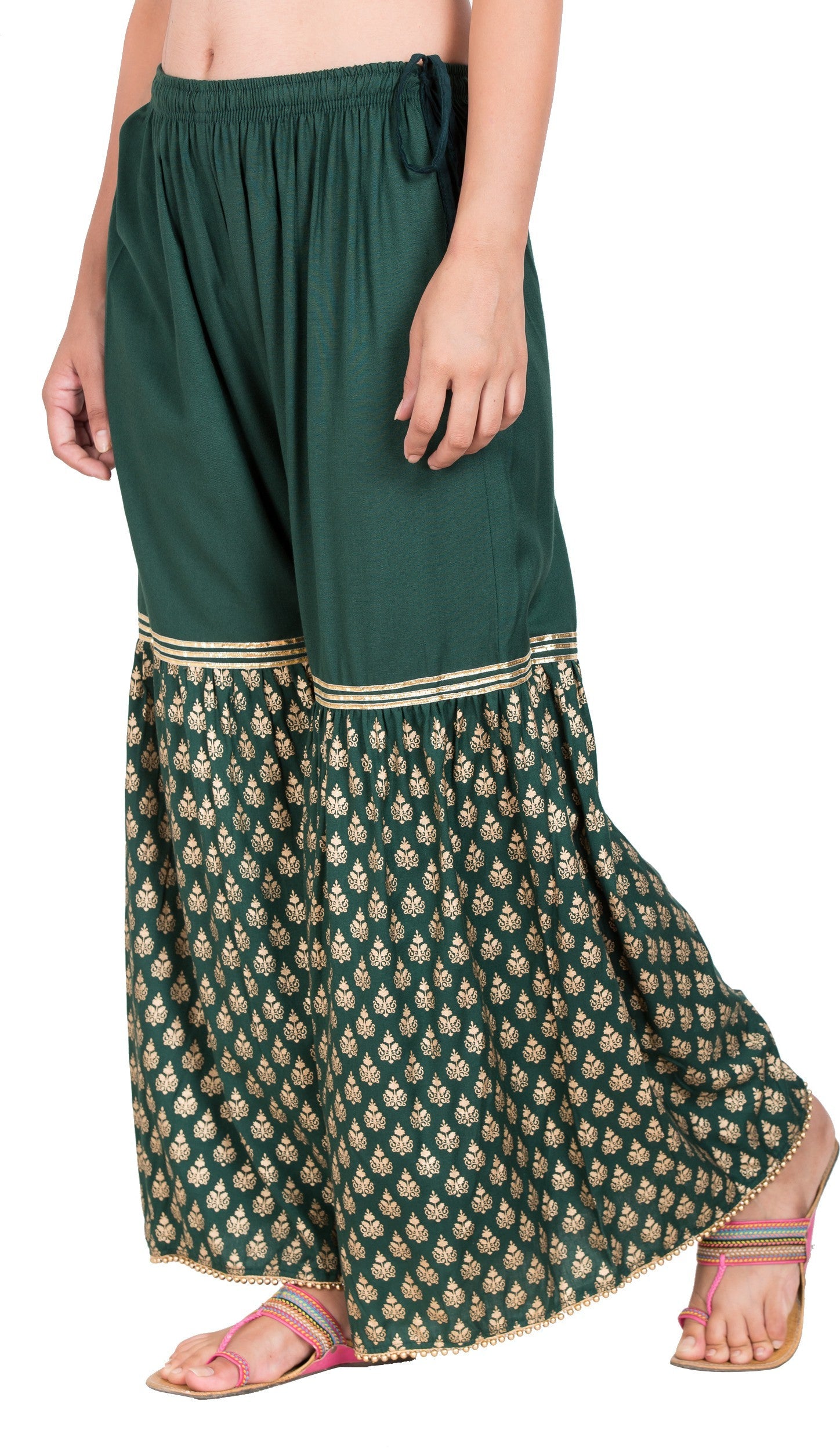 PAVONINE Bottle Green Color 3-Panels Sequence Printed Flared Sharara For Women & Girls
