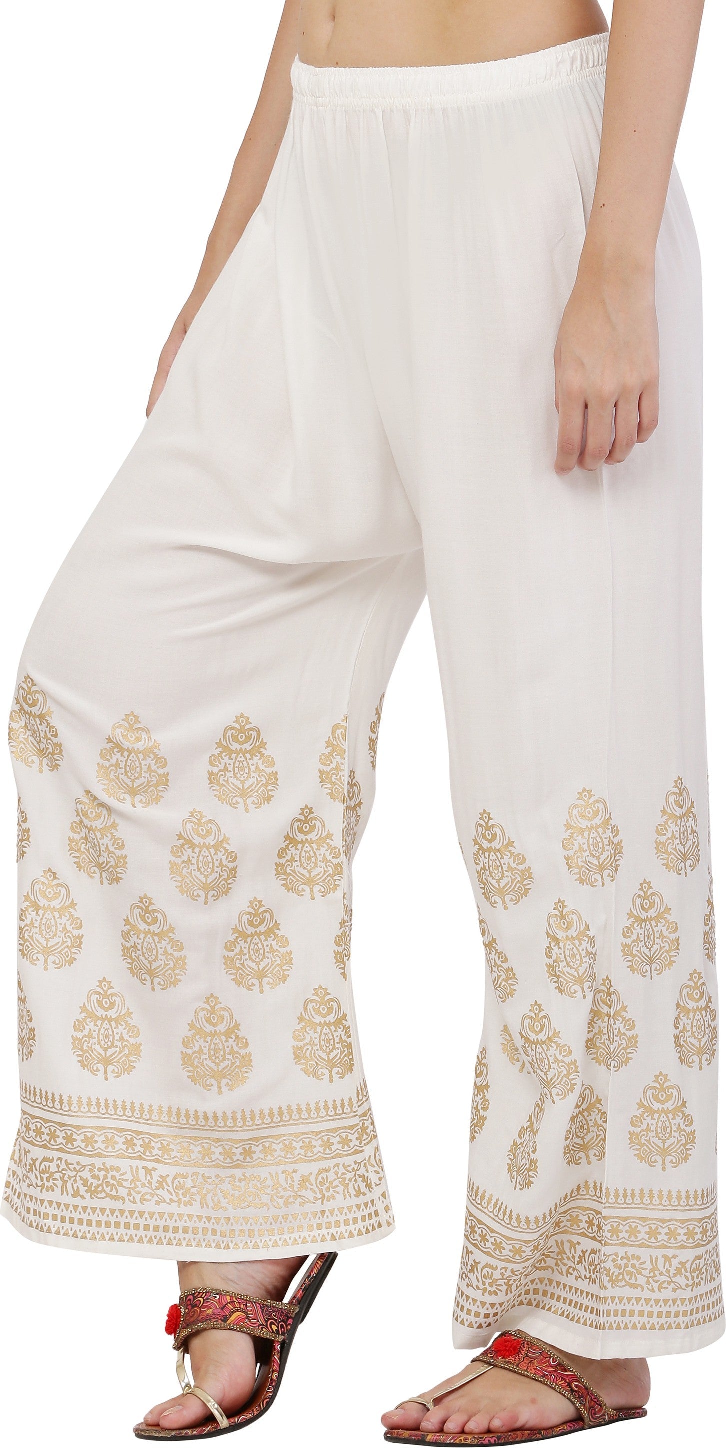 PAVONINE White Color Golden Printed Rayon Fabric Sharara For Women & Girls