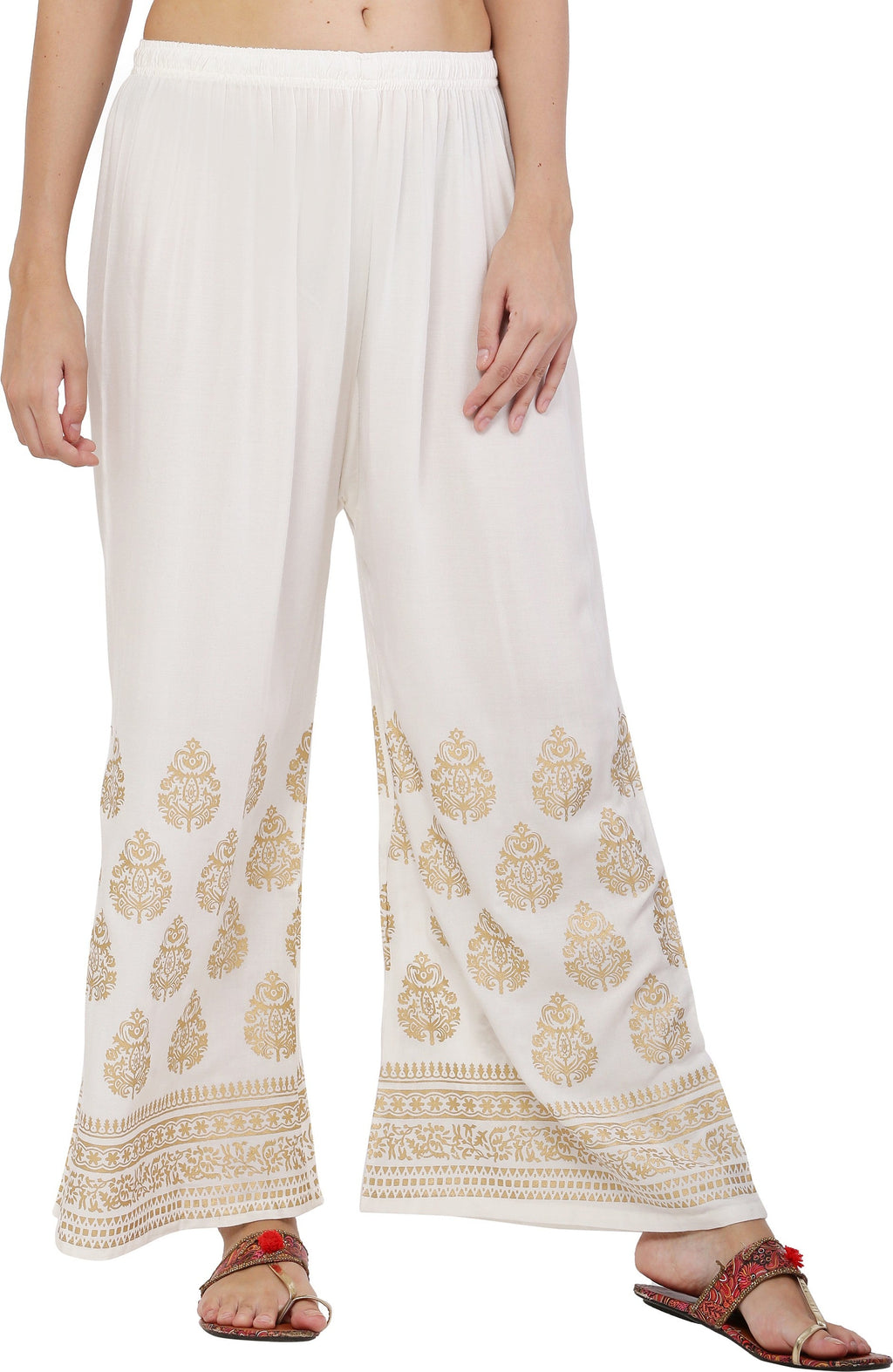 PAVONINE White Color Golden Printed Rayon Fabric Sharara For Women & Girls