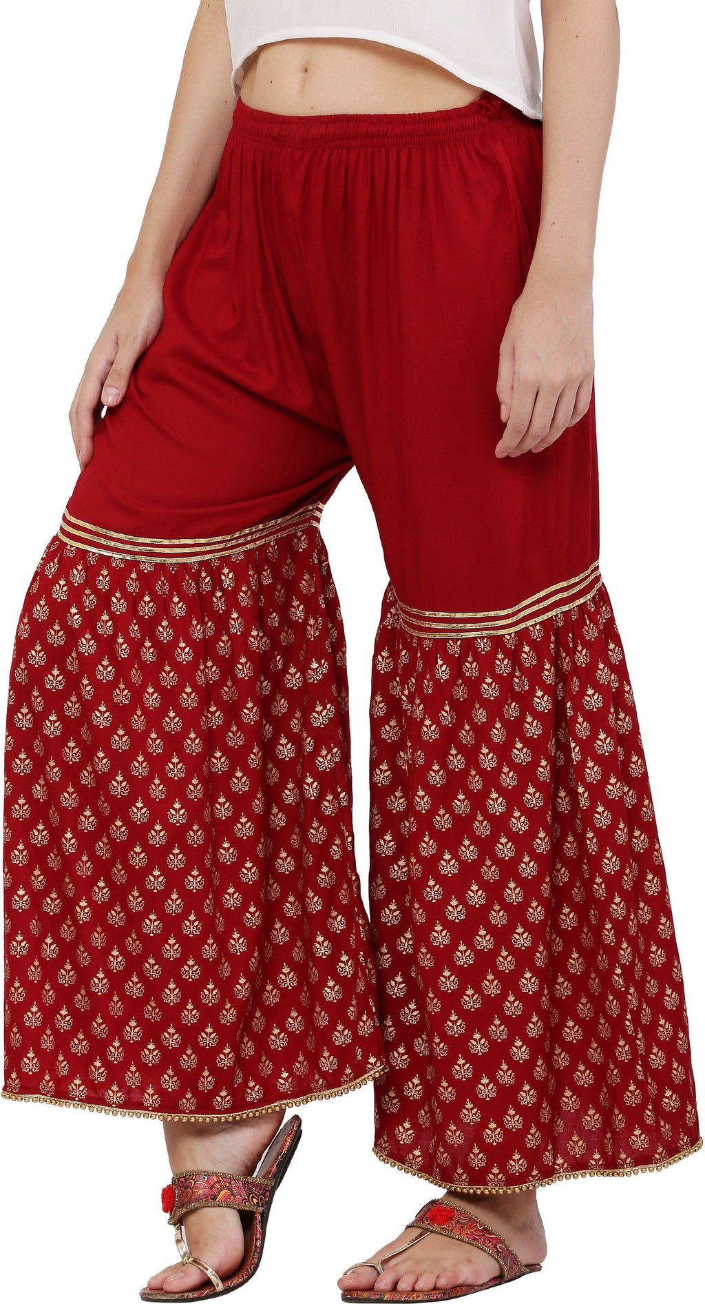 PAVONINE Maroon Color 3-Panels Sequence Printed Flared Sharara For Women & Girls