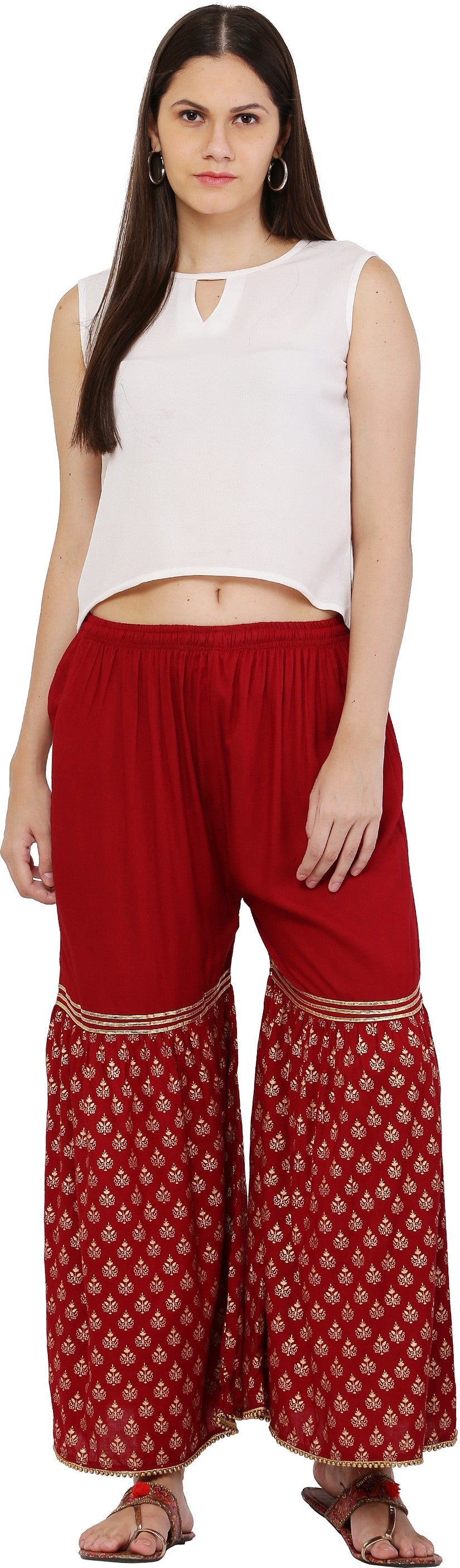PAVONINE Maroon Color 3-Panels Sequence Printed Flared Sharara For Women & Girls