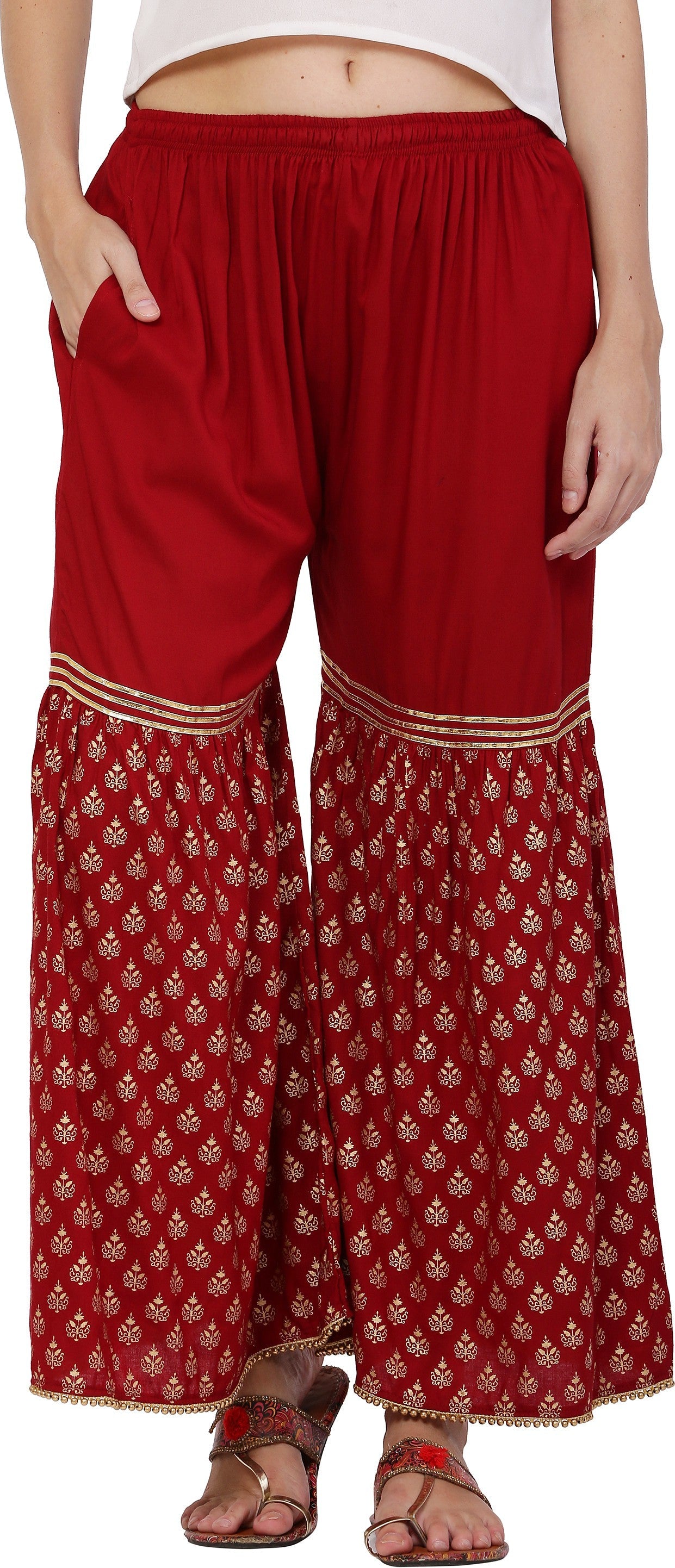 PAVONINE Maroon Color 3-Panels Sequence Printed Flared Sharara For Women & Girls