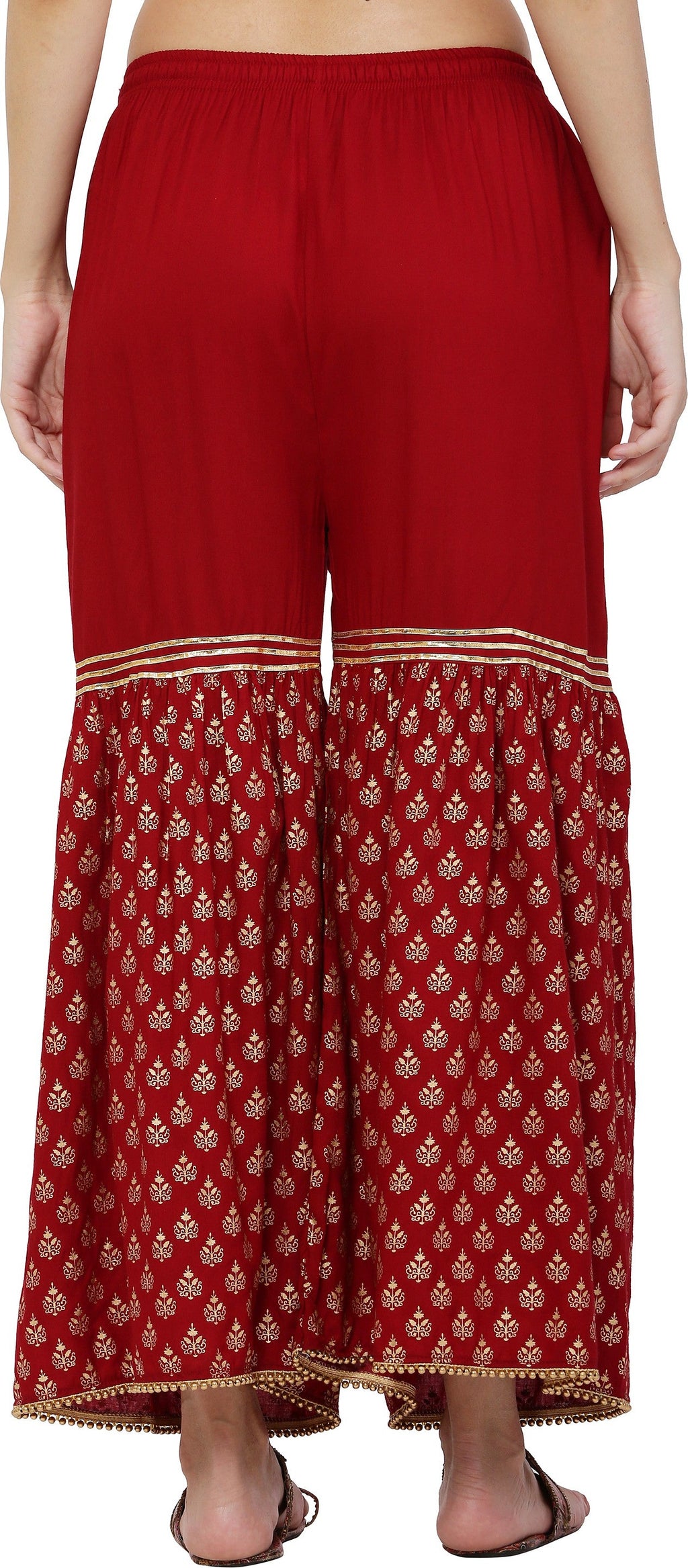 PAVONINE Maroon Color 3-Panels Sequence Printed Flared Sharara For Women & Girls