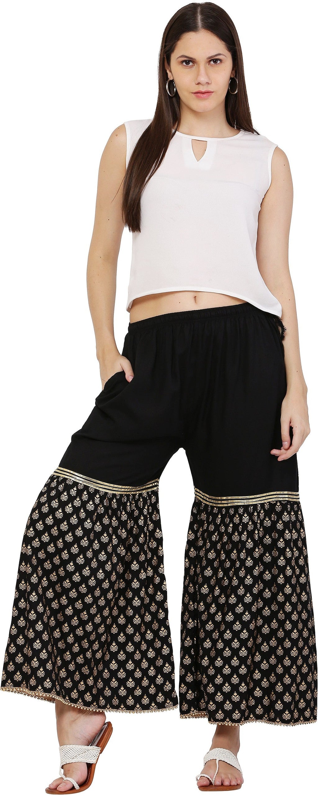 PAVONINE Black Color 3-Panels Sequence Printed Flared Sharara For Women & Girls
