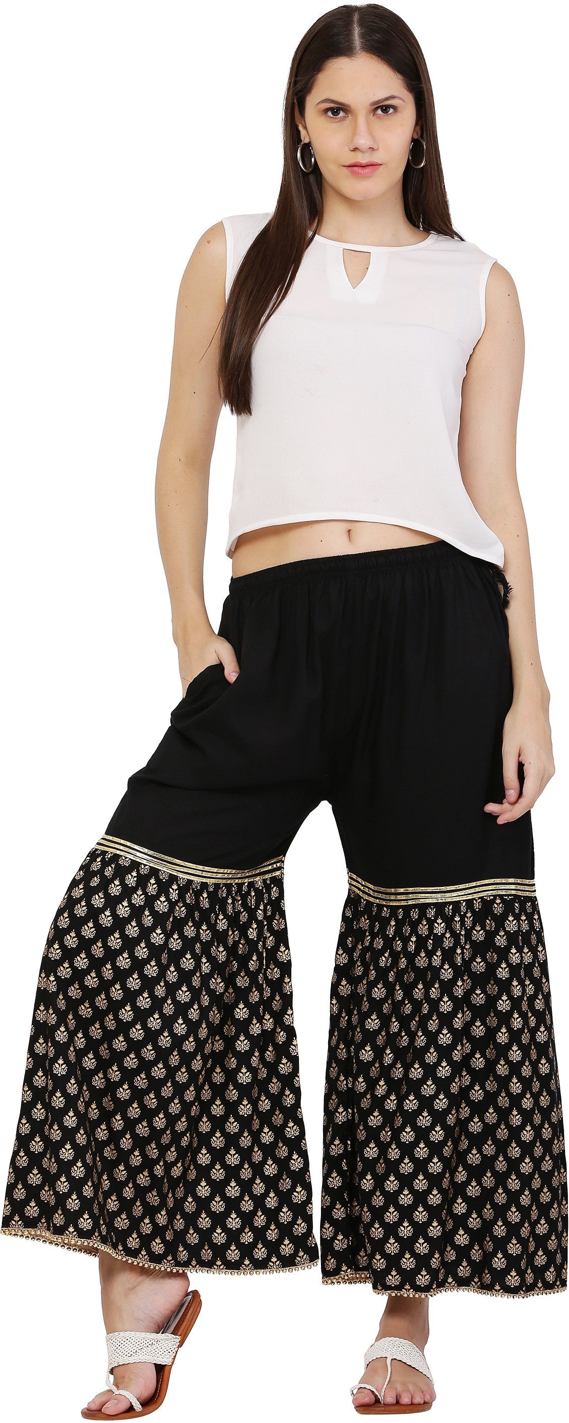 PAVONINE Black Color 3-Panels Sequence Printed Flared Sharara For Women & Girls