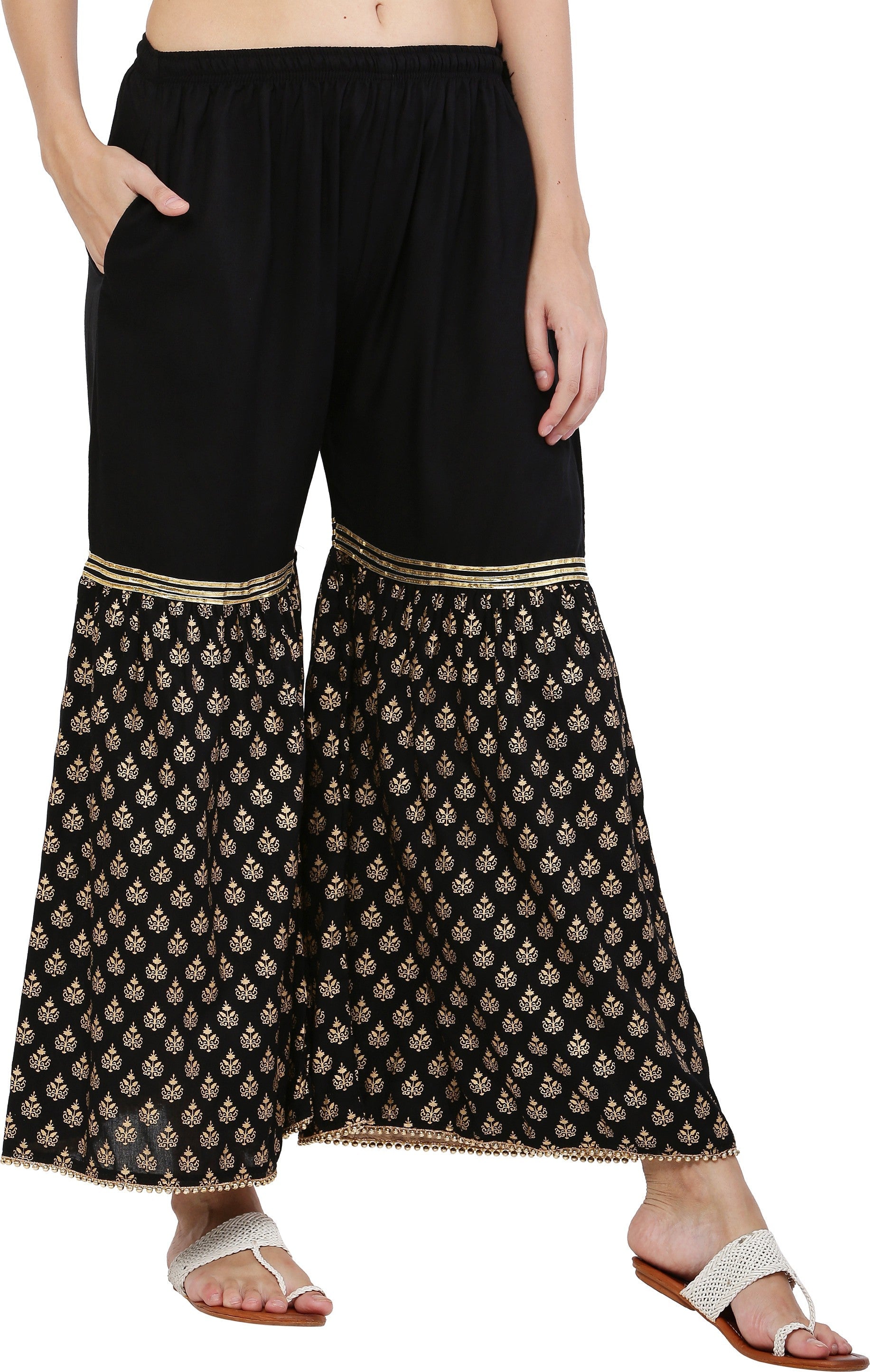 PAVONINE Black Color 3-Panels Sequence Printed Flared Sharara For Women & Girls