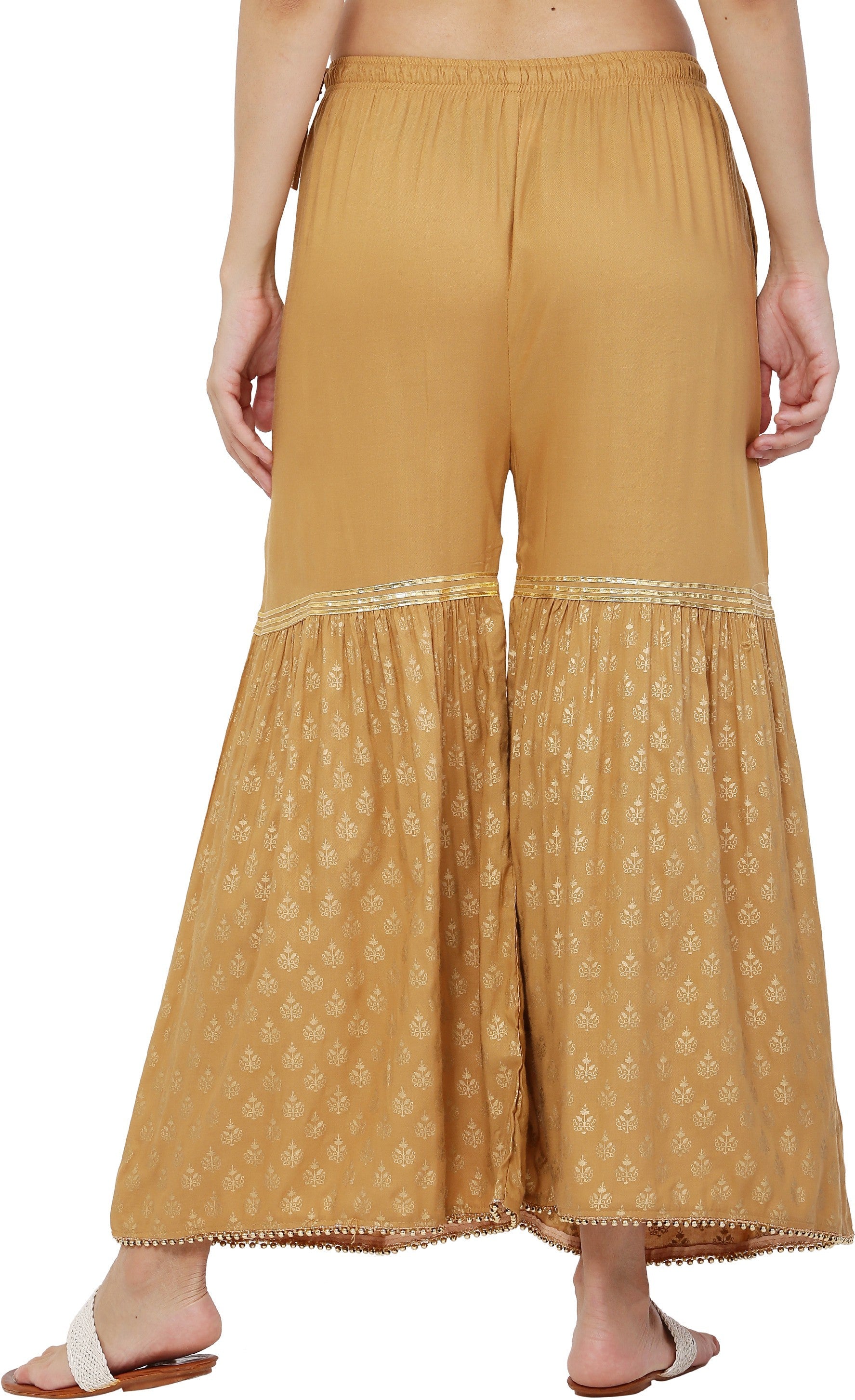 PAVONINE Beige Color 3-Panels Sequence Printed Flared Sharara For Women & Girls