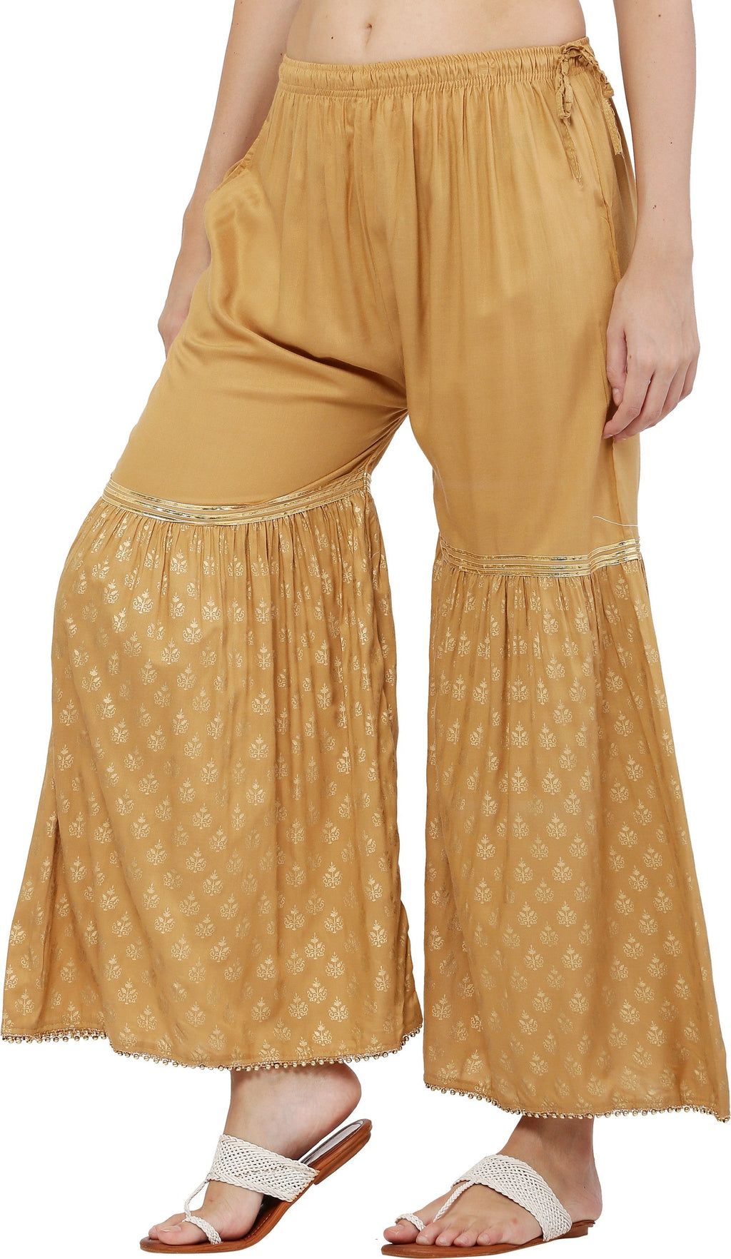 PAVONINE Beige Color 3-Panels Sequence Printed Flared Sharara For Women & Girls