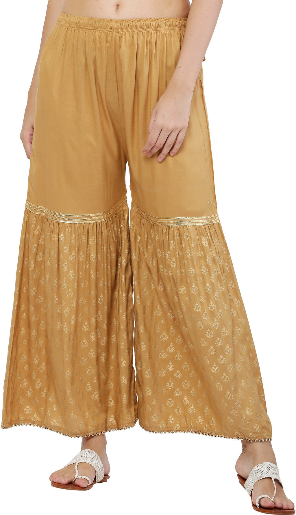 PAVONINE Beige Color 3-Panels Sequence Printed Flared Sharara For Women & Girls