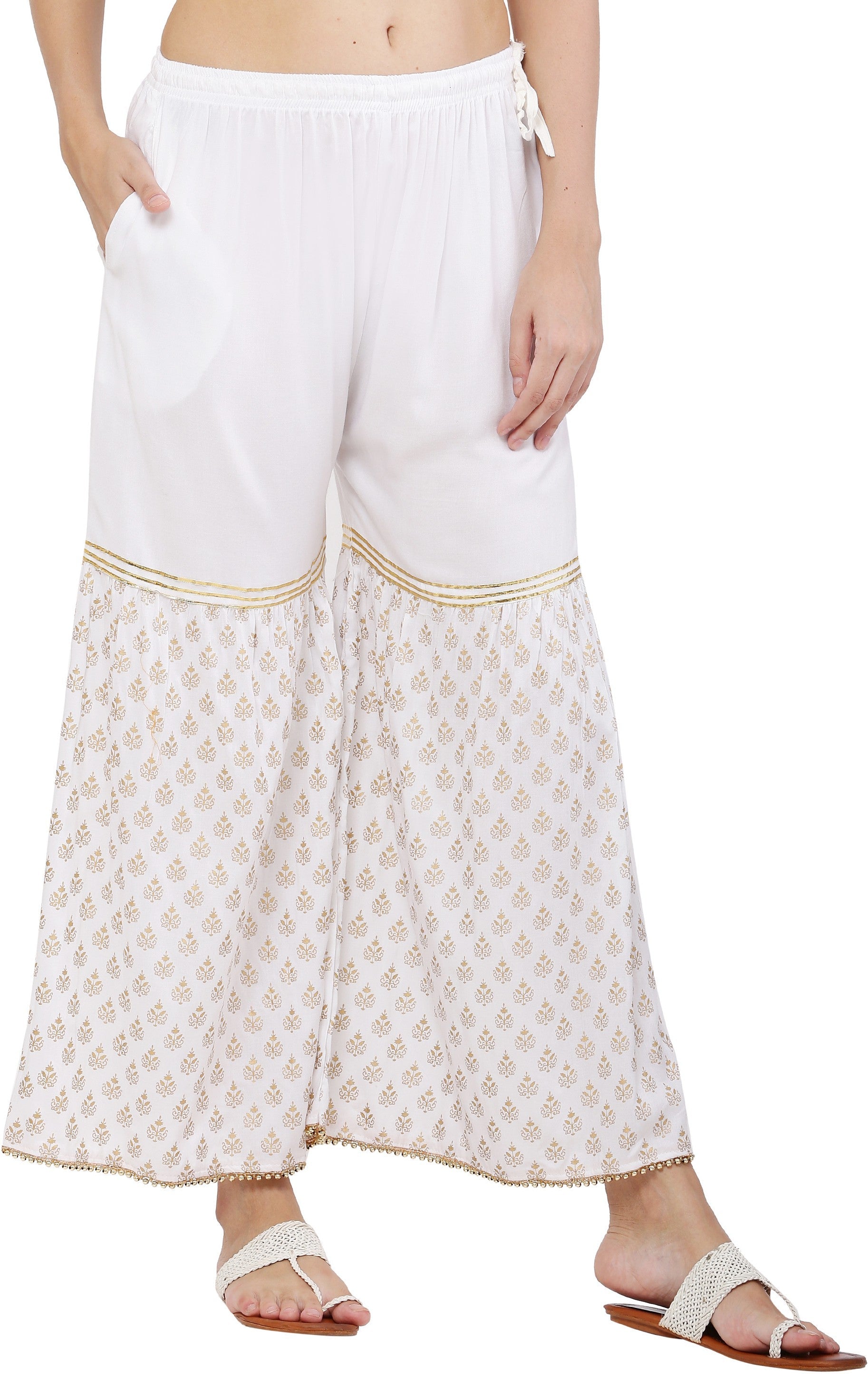 PAVONINE White Color 3-Panels Sequence Printed Flared Sharara For Women & Girls