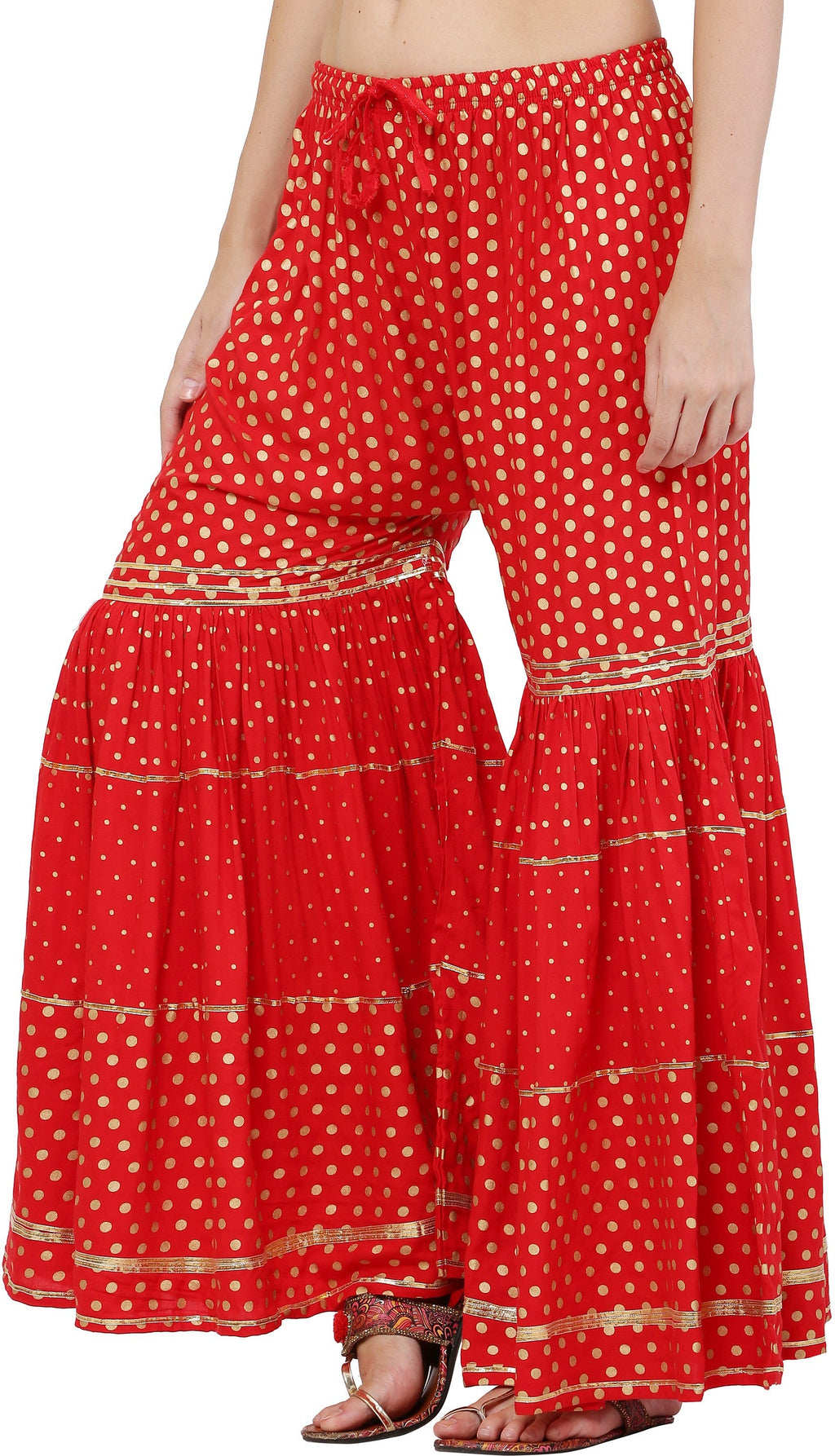 PAVONINE Red Color 3-Panels Golden Printed Flared Sharara For Women & Girls
